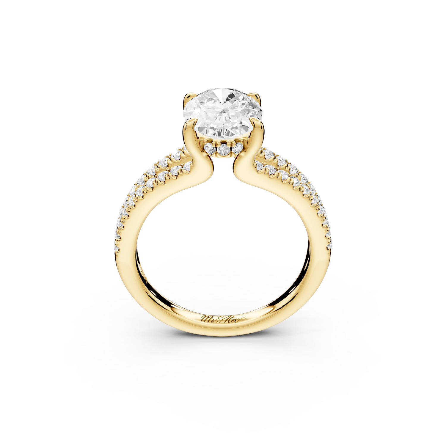Liora - 2ct 14k yellow gold oval Hidden Halo Micro Pavé Split Shank Engagement Ring