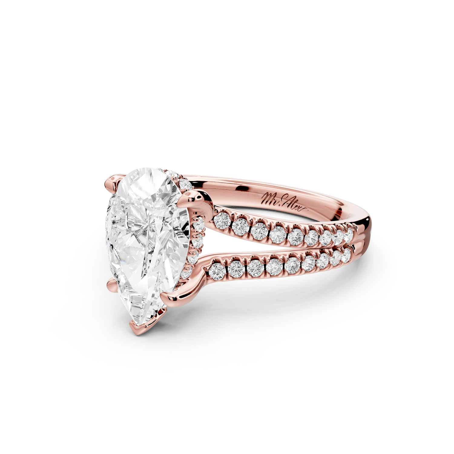 Liora - 2ct 14k rose gold pear Hidden Halo Micro Pavé Split Shank Engagement Ring