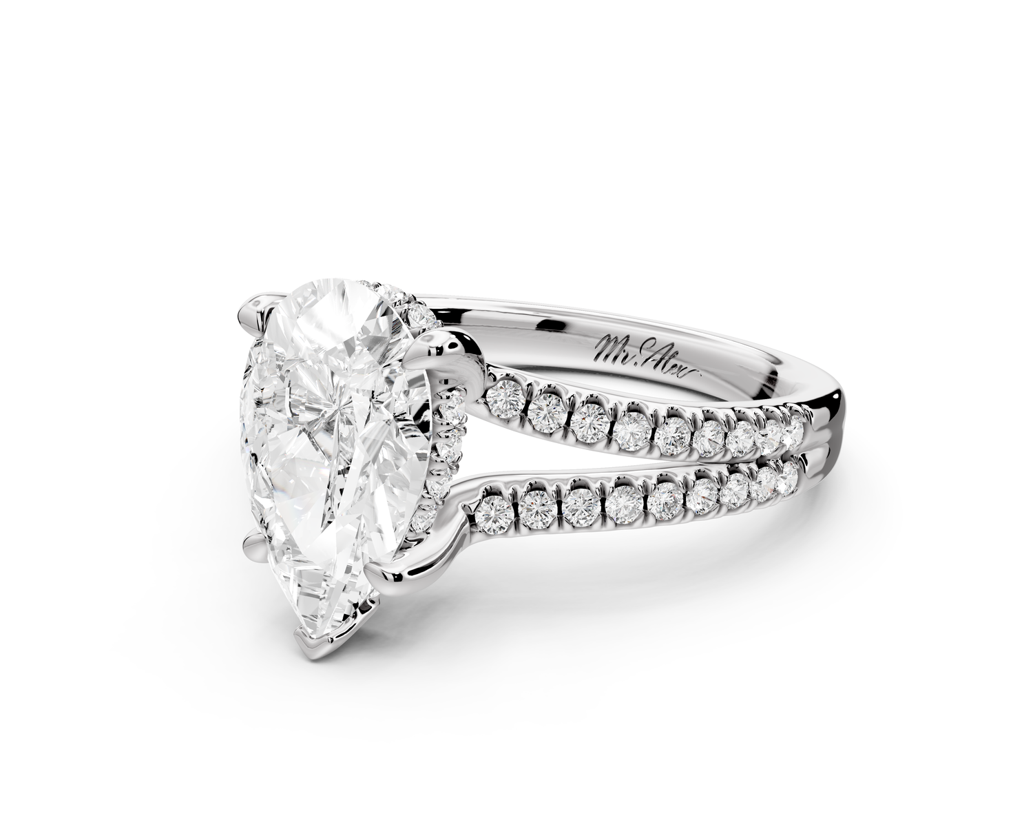 Liora - 2ct 14k white gold pear Hidden Halo Micro Pavé Split Shank Engagement Ring