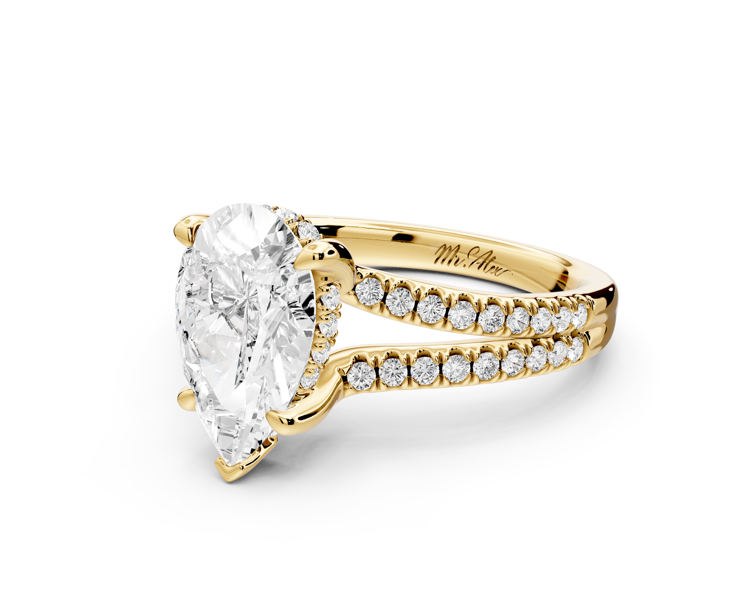 Liora - 2ct 14k yellow gold pear Hidden Halo Micro Pavé Split Shank Engagement Ring