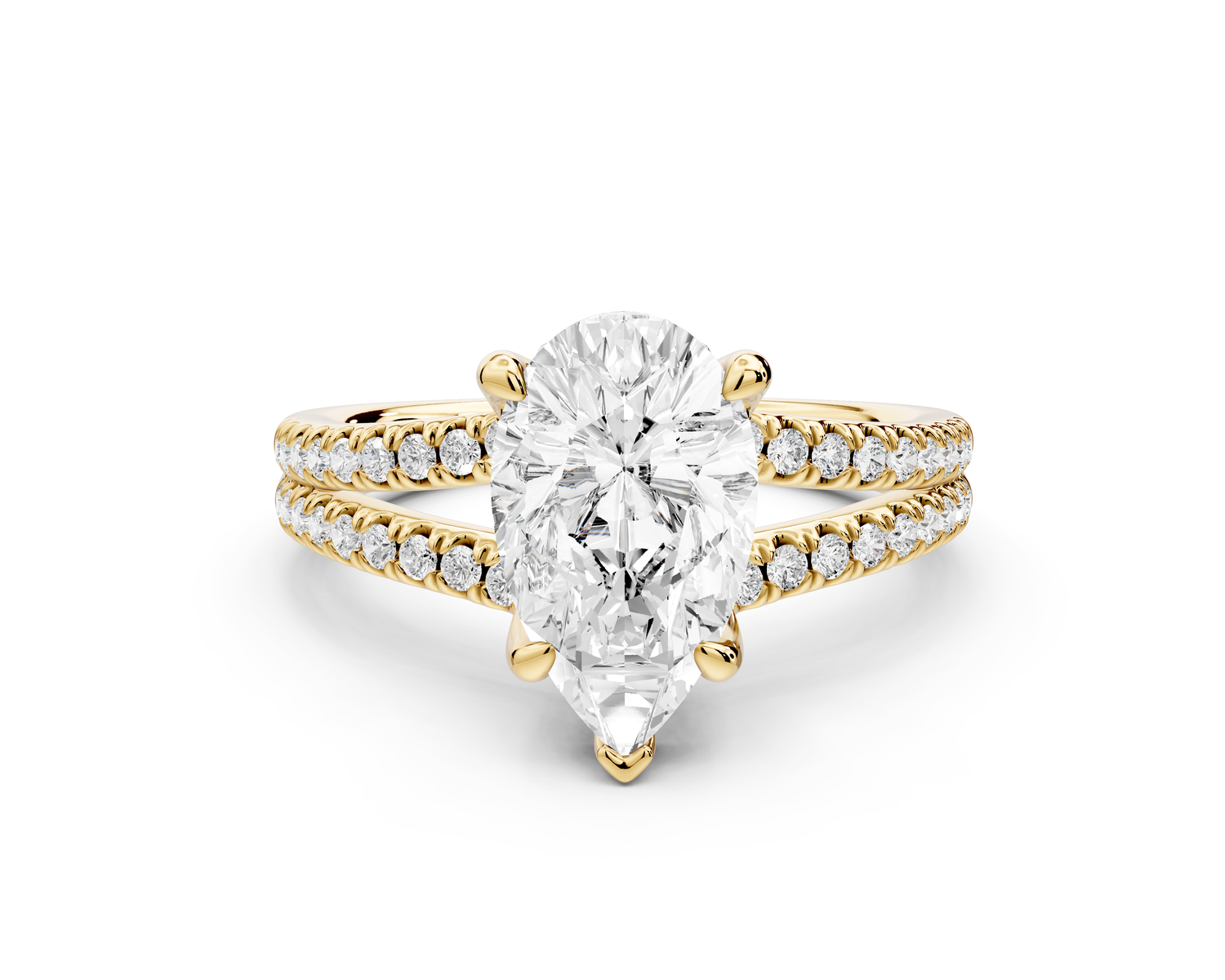 Liora - 2ct 14k yellow gold pear Hidden Halo Micro Pavé Split Shank Engagement Ring