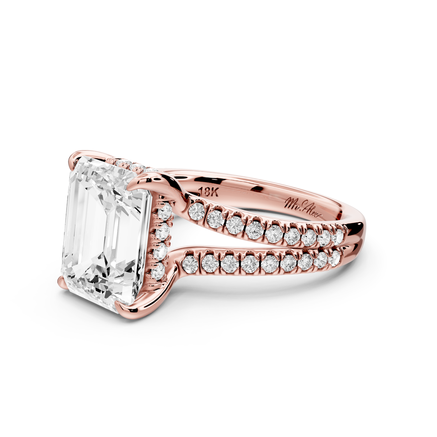 Liora - 3ct 14k rose gold emerald Hidden Halo Micro Pavé Split Shank Engagement Ring