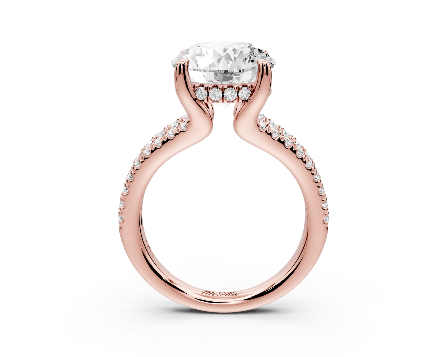 Liora - 3ct 14k rose gold round Hidden Halo Micro Pavé Split Shank Engagement Ring