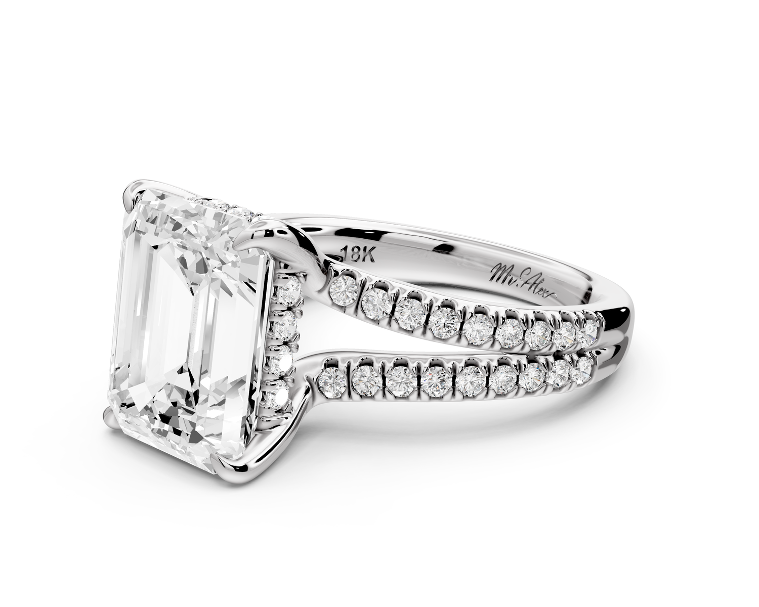 Liora - 5ct 14k white gold emerald Hidden Halo Micro Pavé Split Shank Engagement Ring