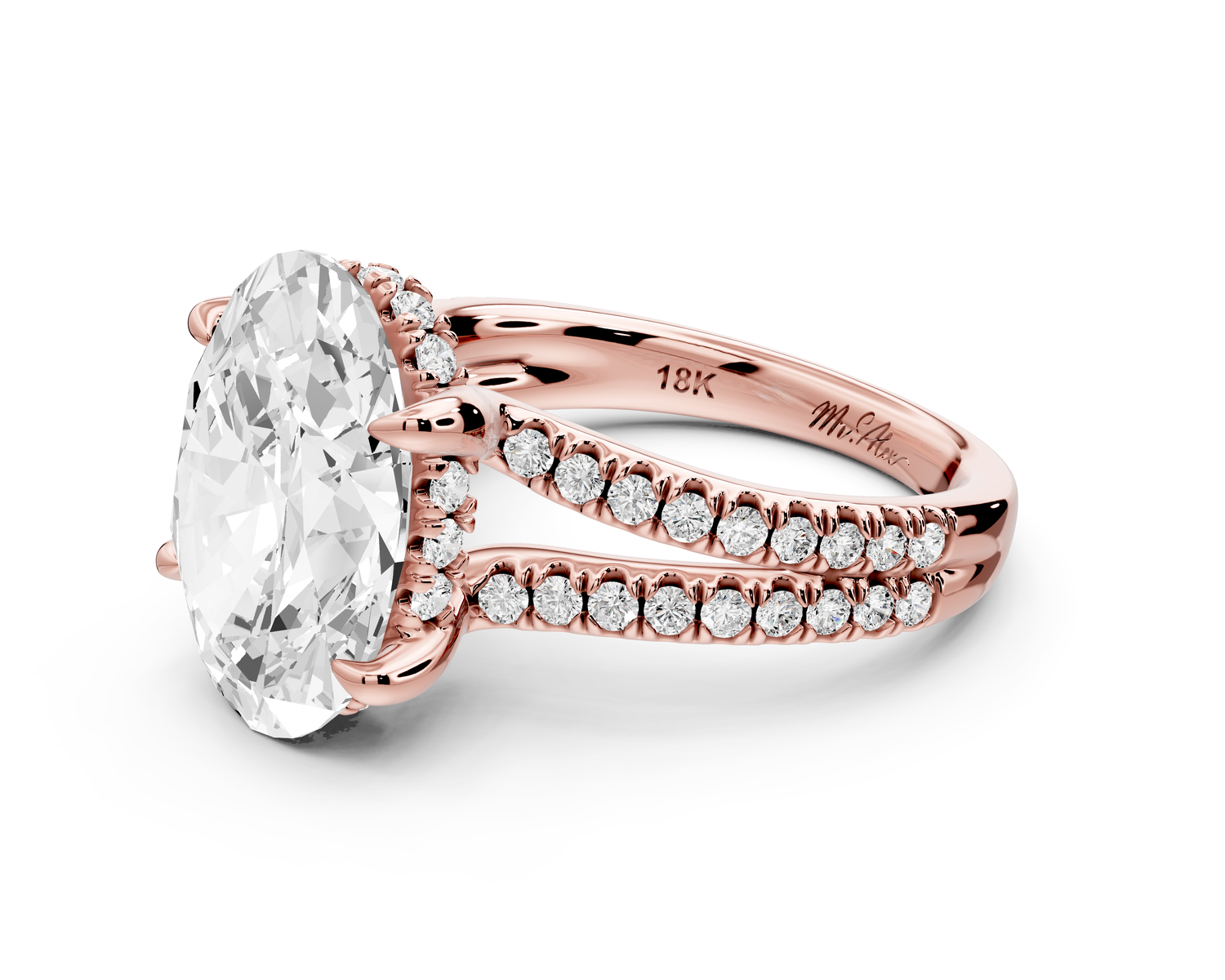 Liora - 5ct 14k rose gold oval Hidden Halo Micro Pavé Split Shank Engagement Ring