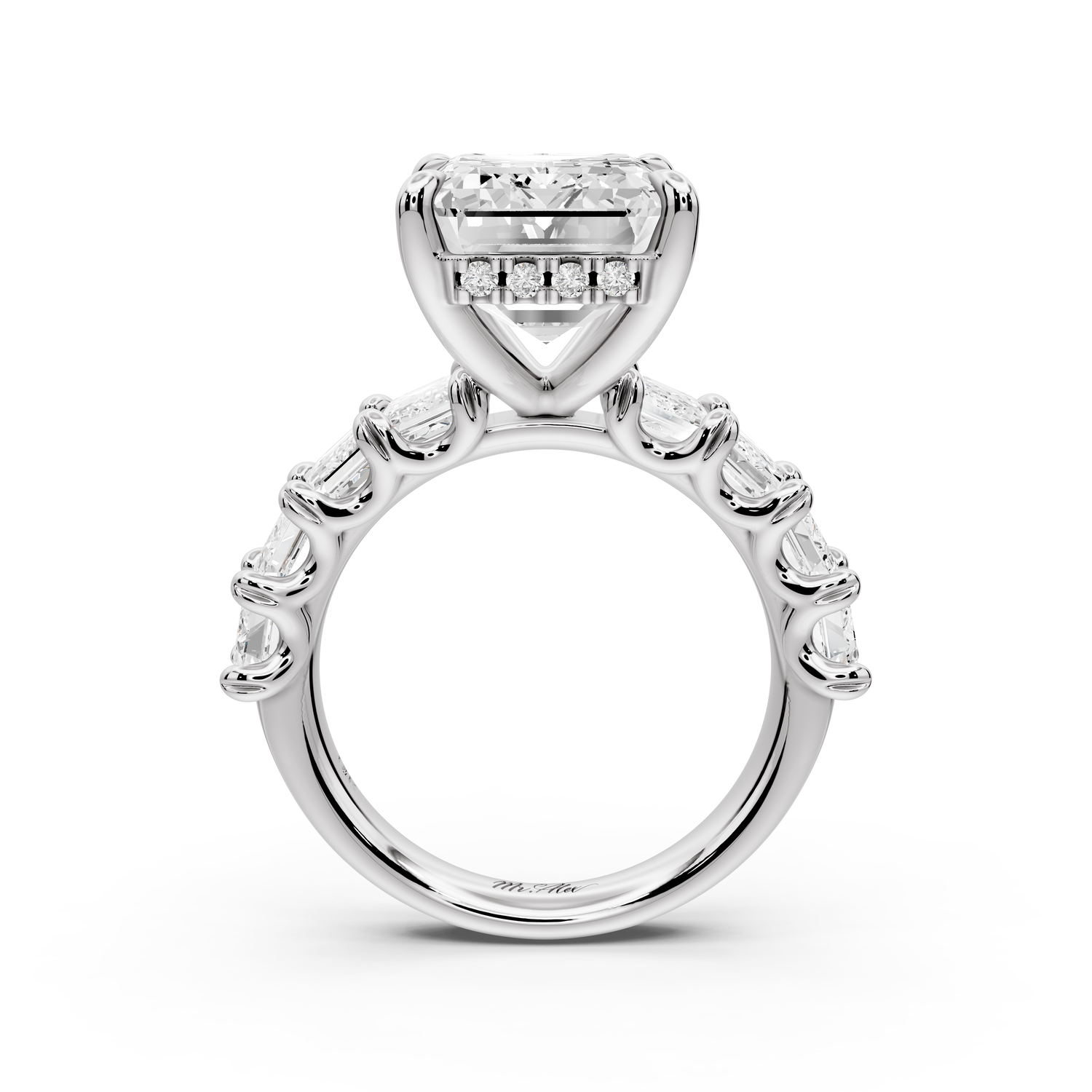 Kendall - 7ct platinum Emerald Hidden Halo Engagement Ring with Graduated Prong-Set Side Stones