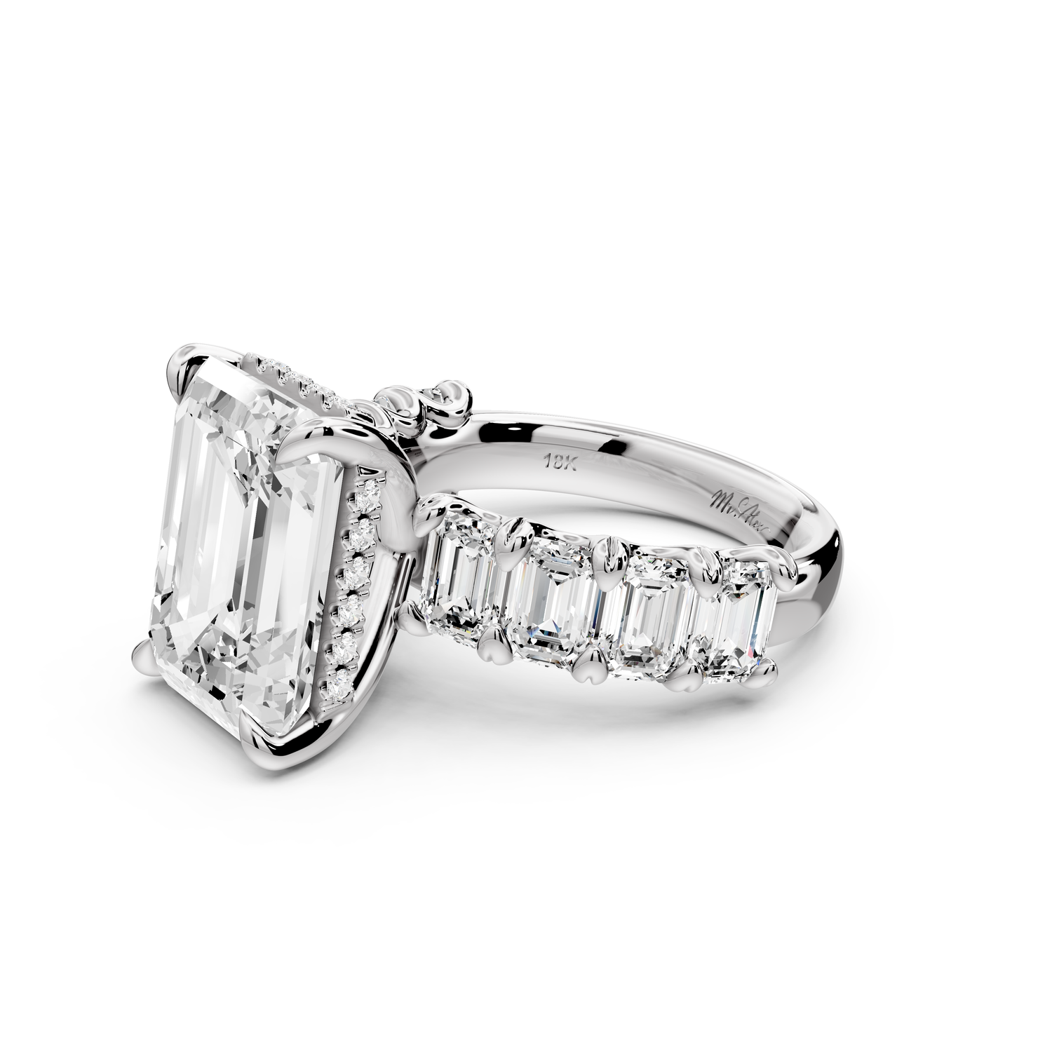 Kendall - 7ct platinum Emerald Hidden Halo Engagement Ring with Graduated Prong-Set Side Stones