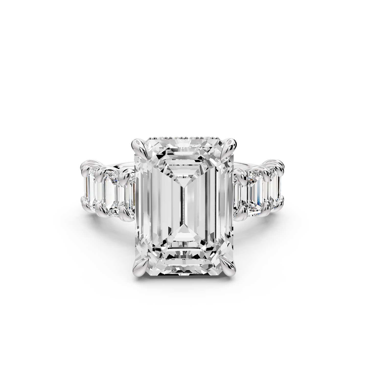 Kendall - 7ct platinum Emerald Hidden Halo Engagement Ring with Graduated Prong-Set Side Stones