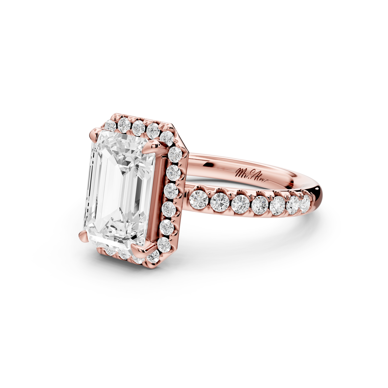Eveline - 2ct 14k rose gold emerald Halo Half Band Pavé Engagement Ring