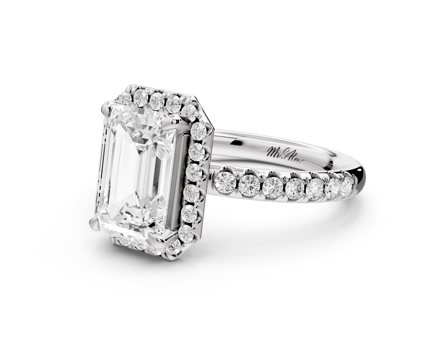 Eveline - 2ct 14k white gold emerald Halo Half Band Pavé Engagement Ring