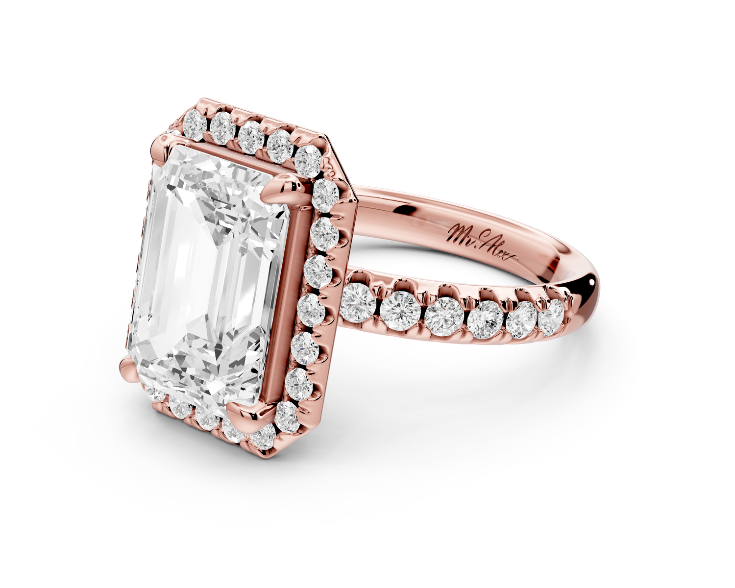 Eveline - 4ct 14k rose gold emerald Halo Half Band Pavé Engagement Ring