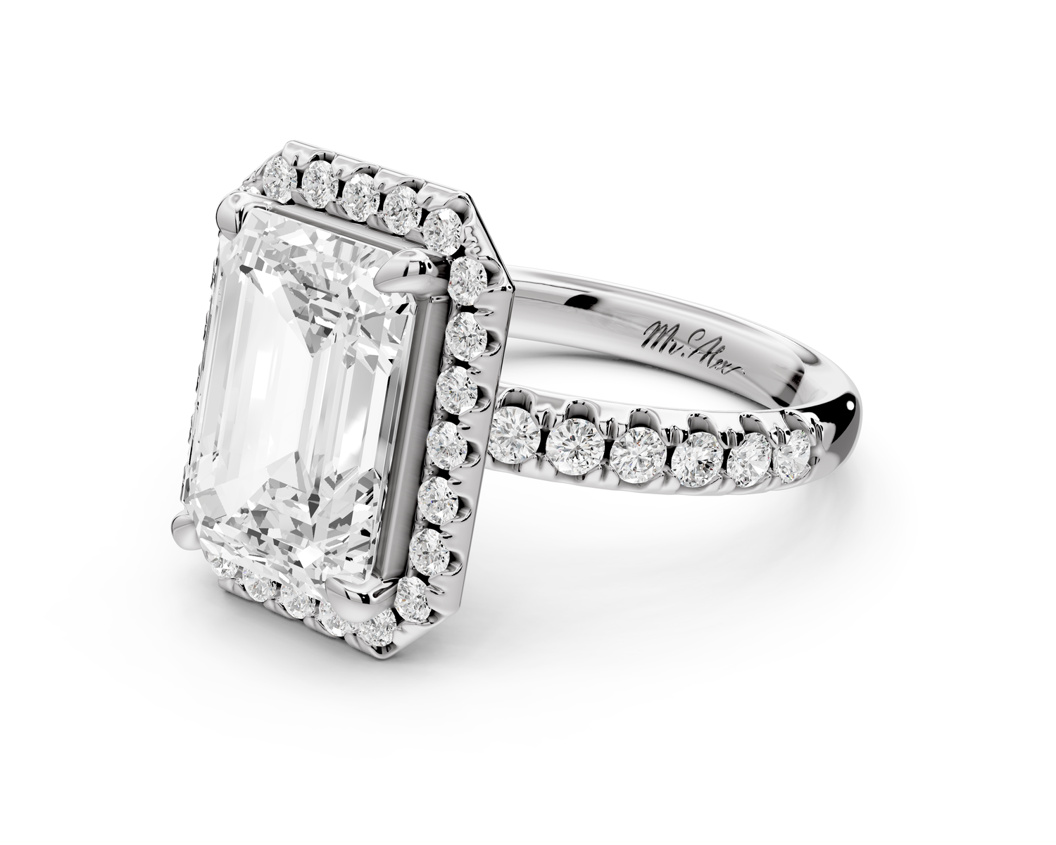 Eveline - 4ct 14k white gold emerald Halo Half Band Pavé Engagement Ring