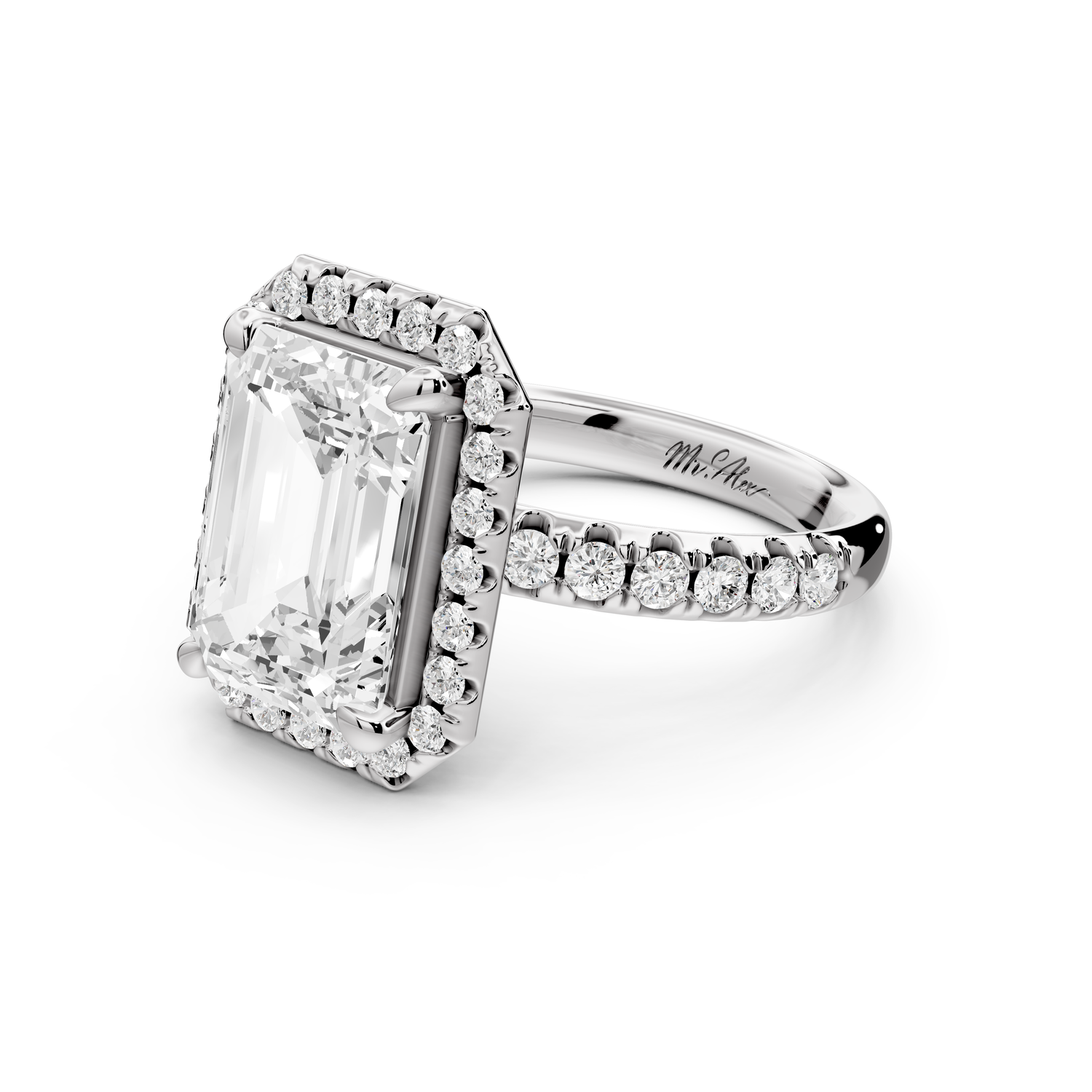 Eveline - 4ct 14k white gold emerald Halo Half Band Pavé Engagement Ring