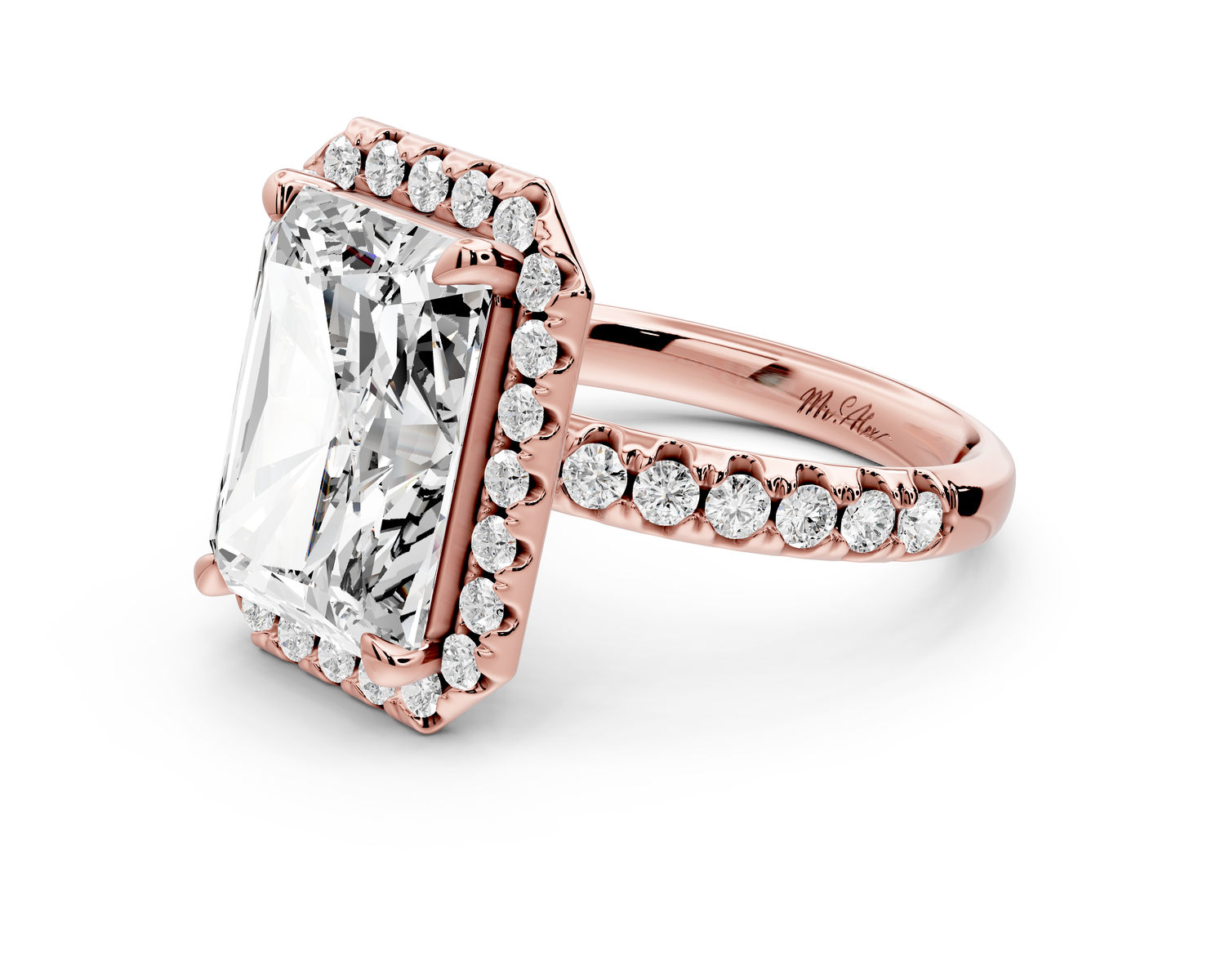 Eveline - 5ct 14k rose gold emerald Halo Half Band Pavé Engagement Ring