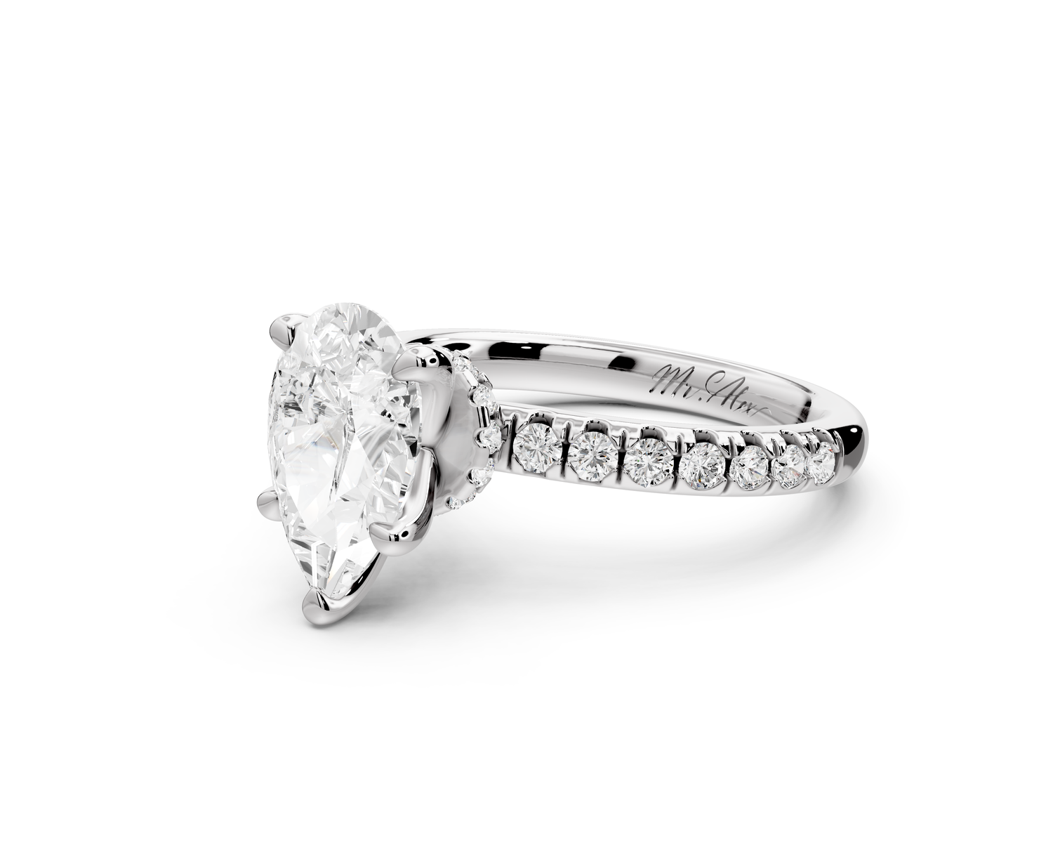 Flora - 2ct 14k white gold pear talong prong Wrap around halo Half Band Engagement Ring