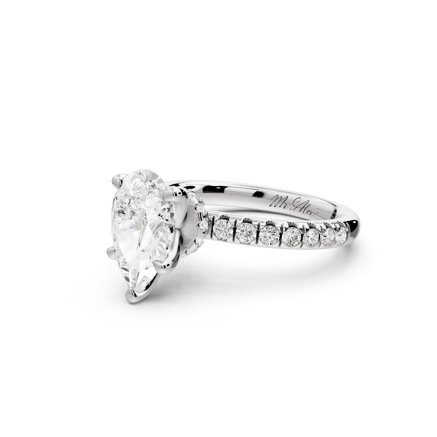 Flora - 2ct 14k white gold pear talong prong Wrap around halo Half Band Engagement Ring