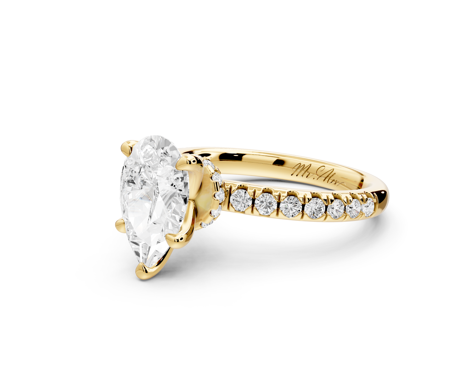 Flora - 2ct 14k yellow gold pear talong prong Wrap around halo Half Band Engagement Ring