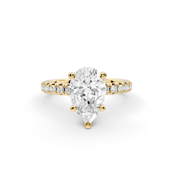 Flora - 2ct 14k yellow gold pear talong prong Wrap around halo Half Band Engagement Ring