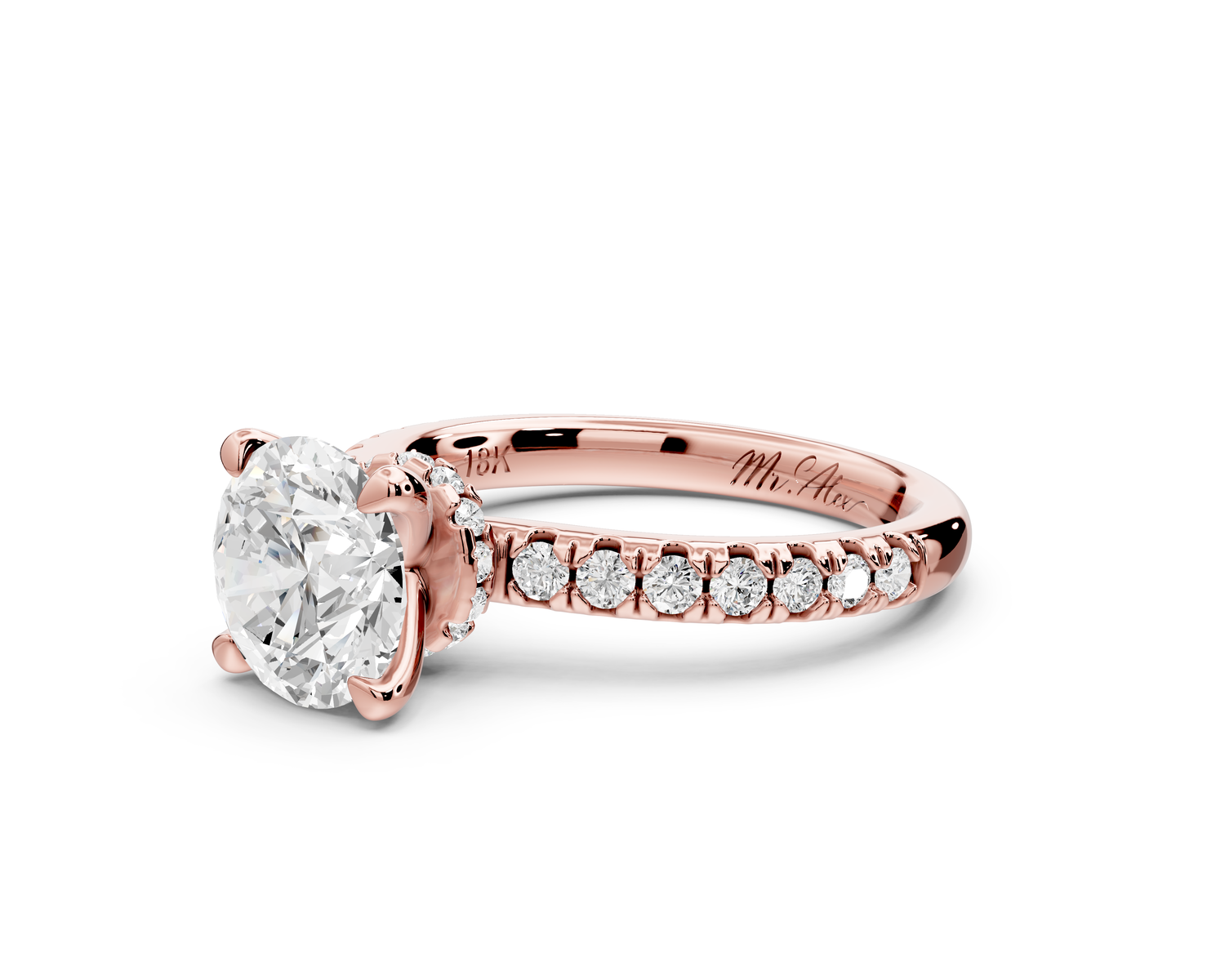Flora - 2ct 14k rose gold round talong prong Wrap around halo Half Band Engagement Ring