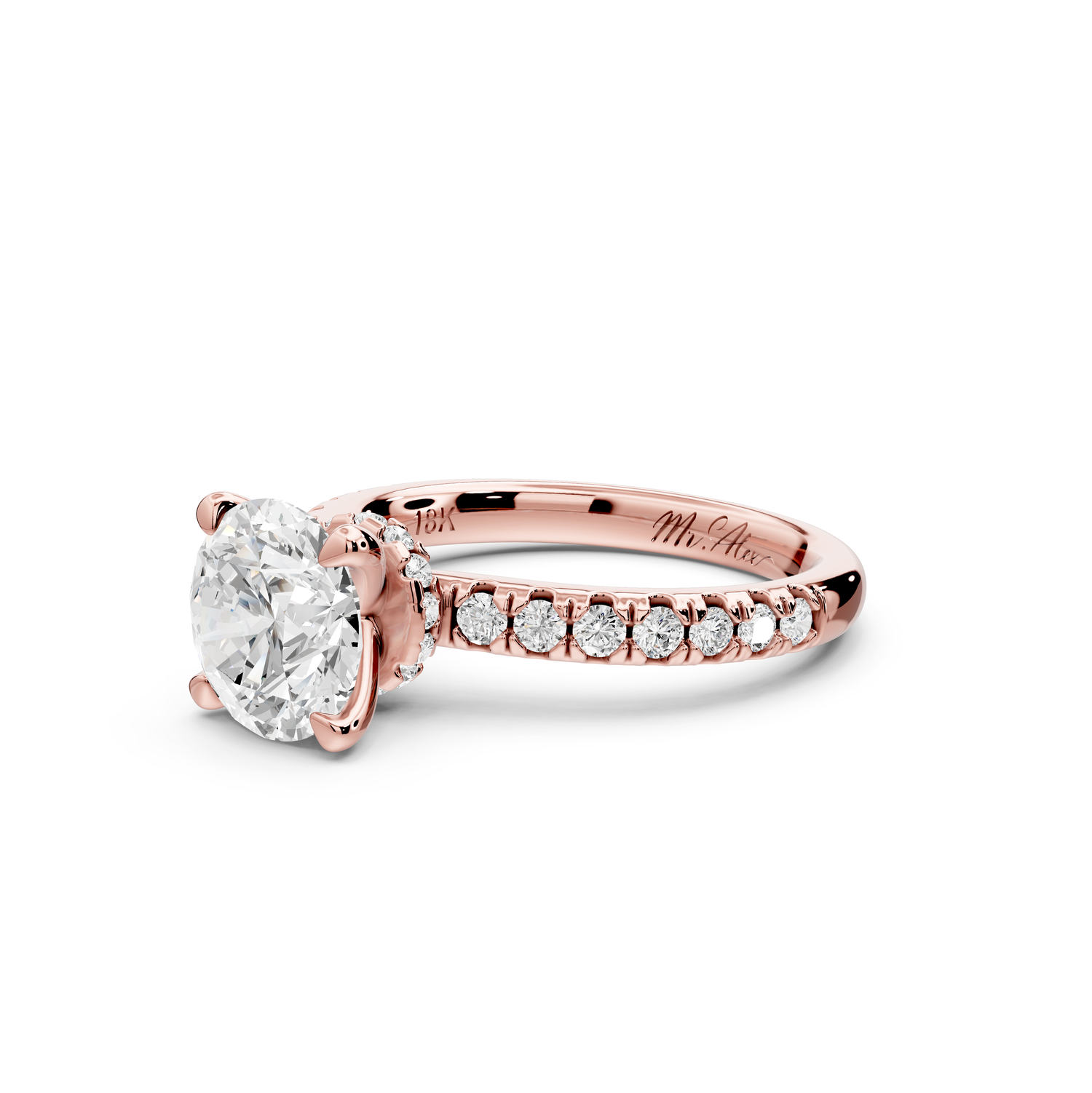 Flora - 2ct 14k rose gold round talong prong Wrap around halo Half Band Engagement Ring