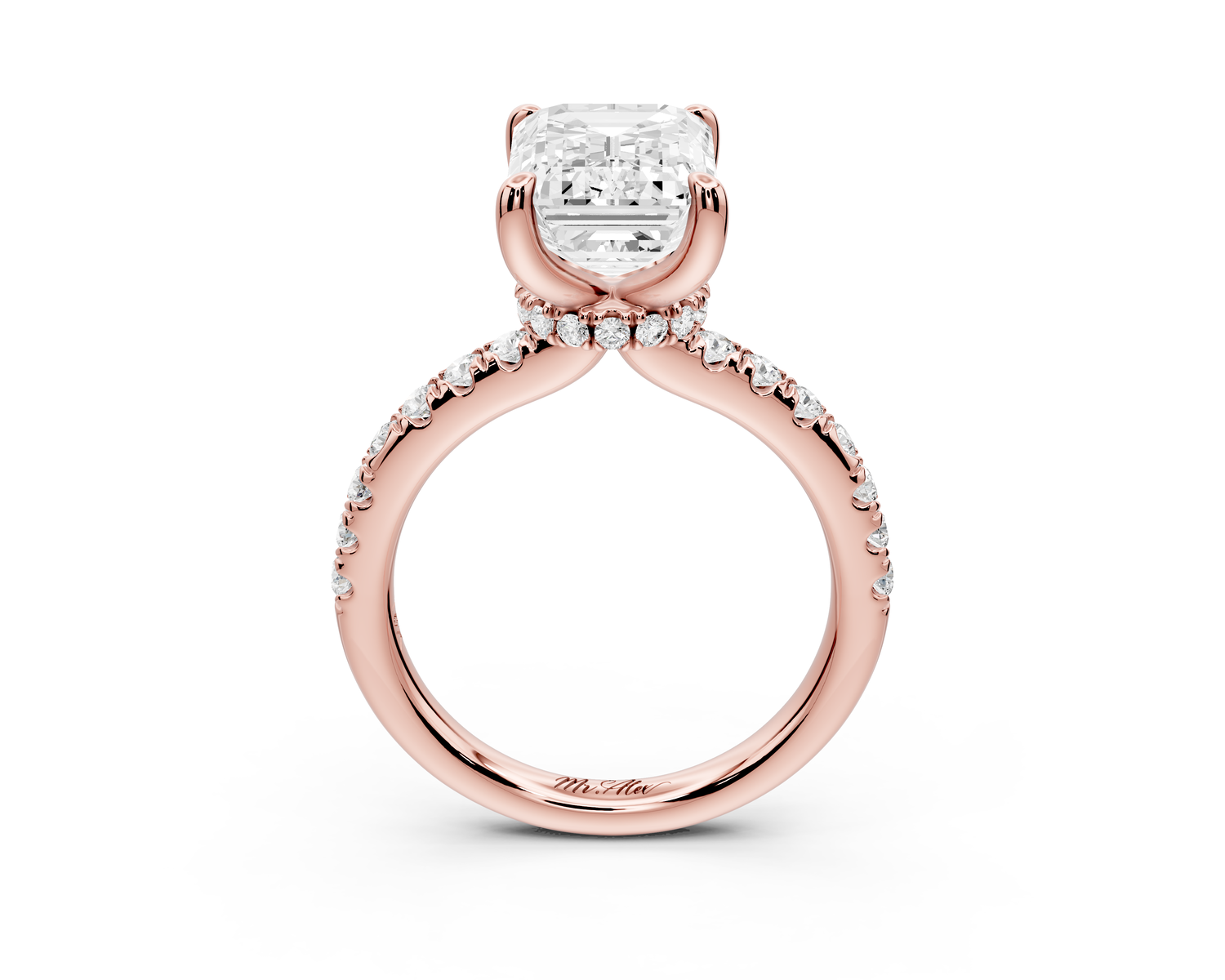 Flora - 3ct 14k rose gold emerald talong prong Wrap around halo Half Band Engagement Ring