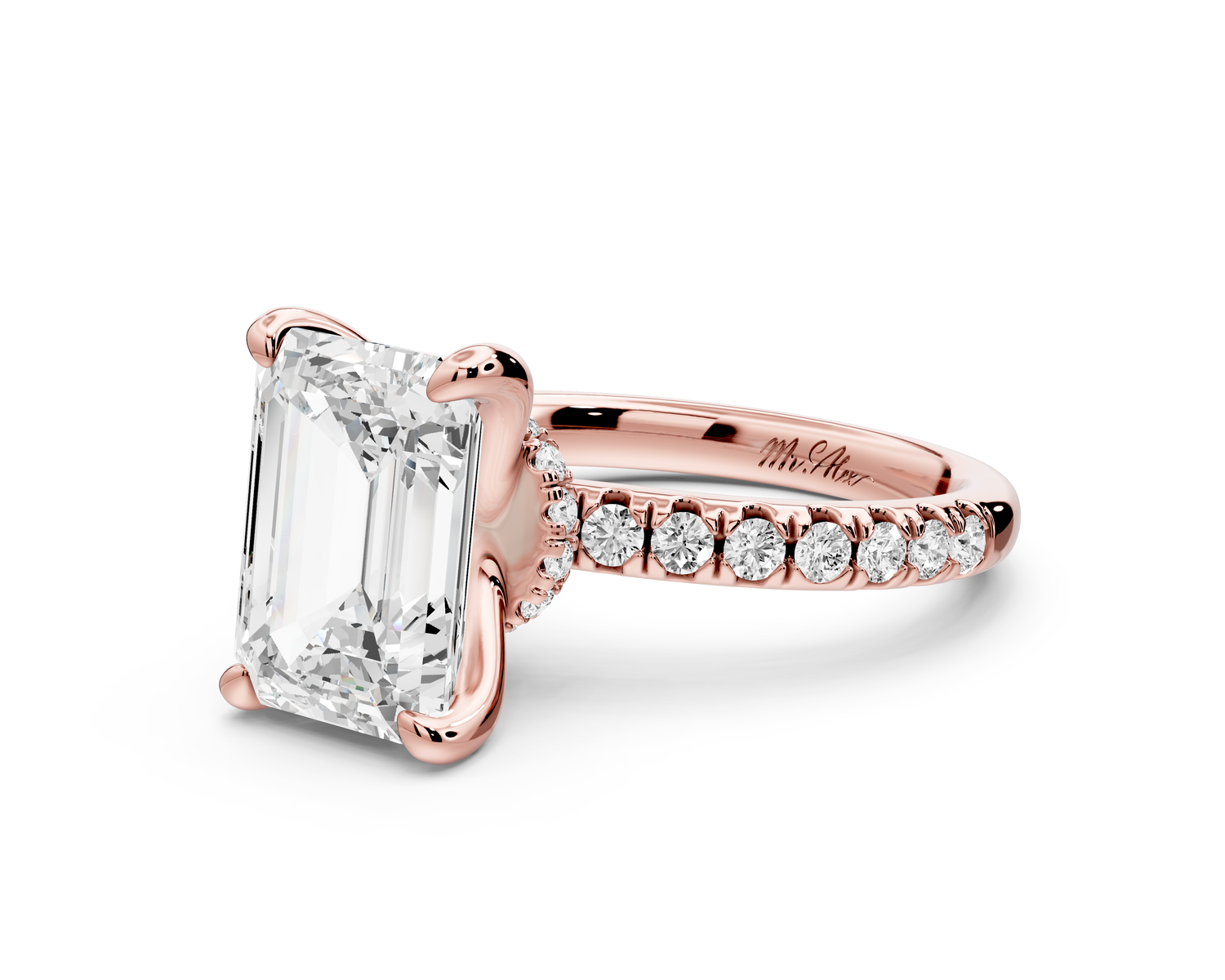 Flora - 3ct 14k rose gold emerald talong prong Wrap around halo Half Band Engagement Ring