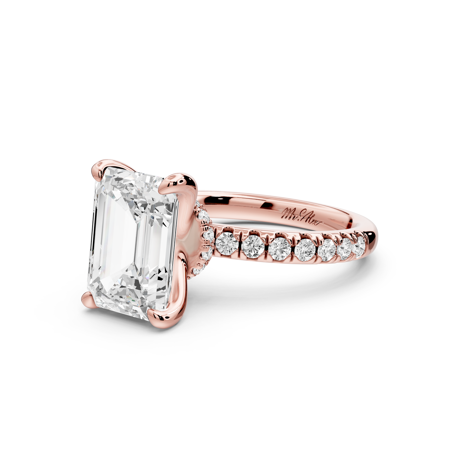 Flora - 3ct 14k rose gold emerald talong prong Wrap around halo Half Band Engagement Ring