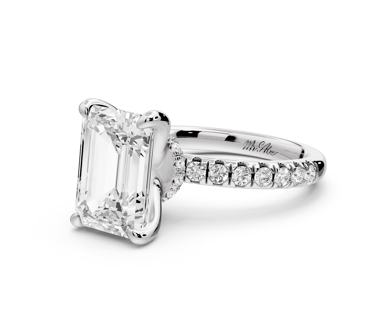 Flora - 3ct 14k white gold emerald talong prong Wrap around halo Half Band Engagement Ring