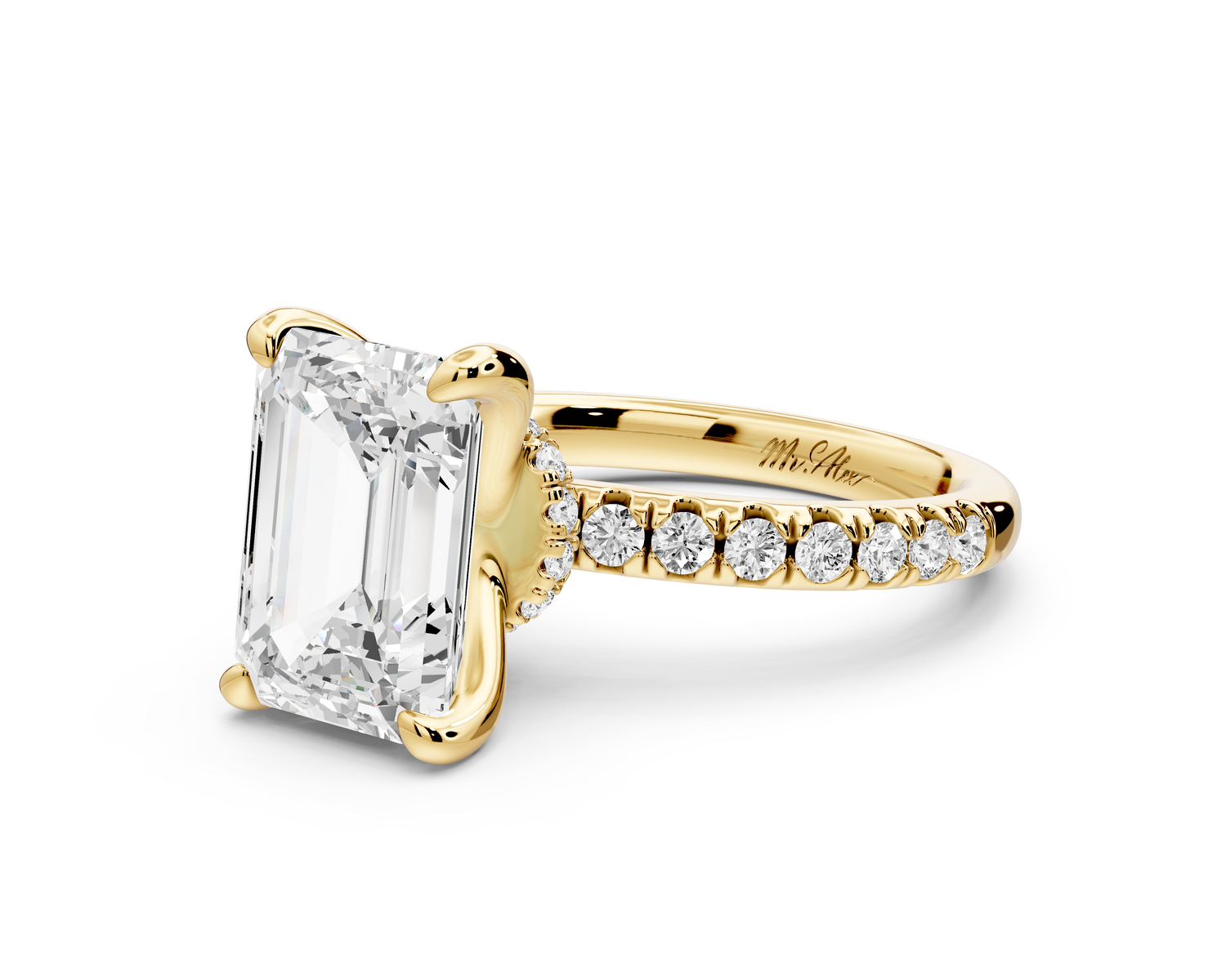 Flora - 3ct 14k yellow gold emerald talong prong Wrap around halo Half Band Engagement Ring