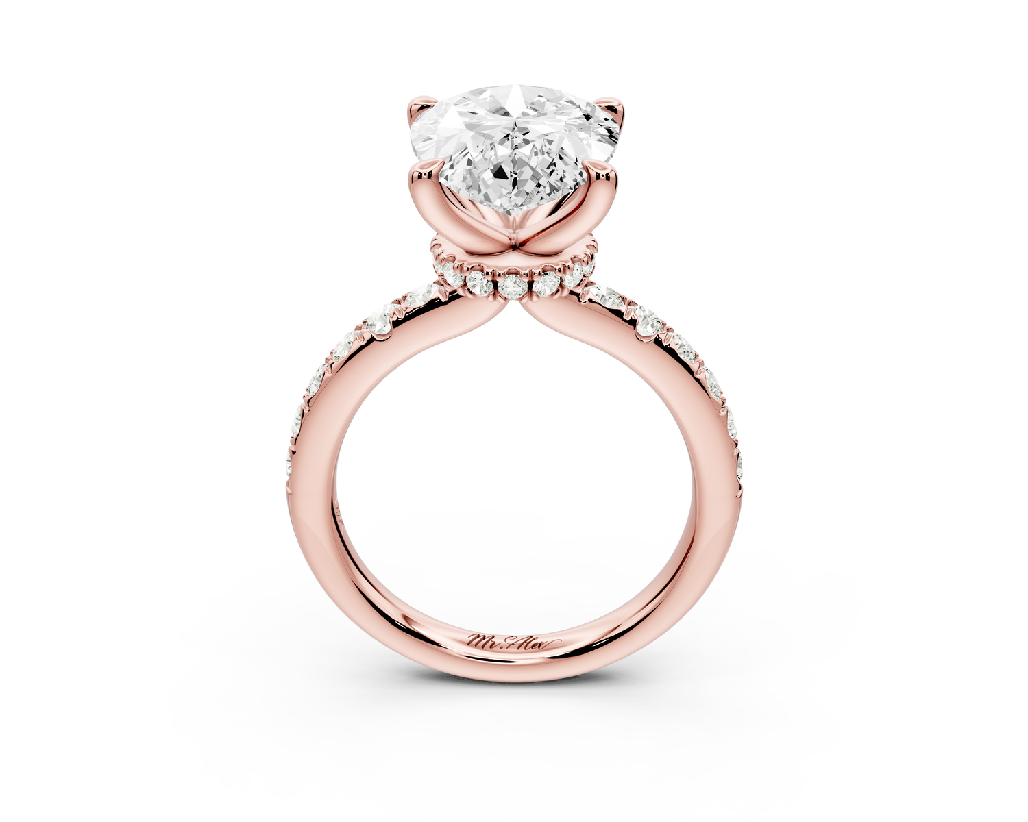 Flora - 3ct 14k rose gold pear talong prong Wrap around halo Half Band Engagement Ring