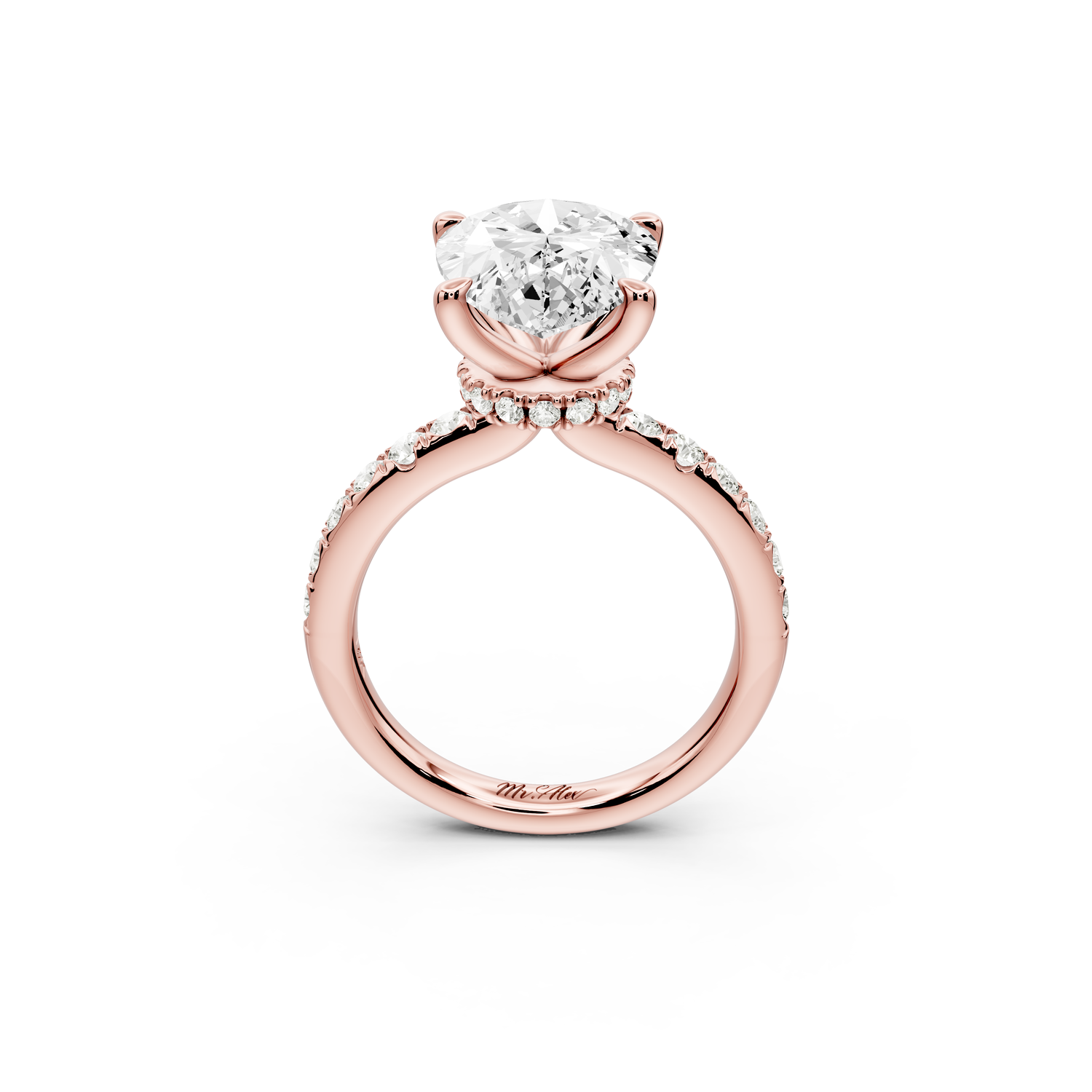 Flora - 3ct 14k rose gold pear talong prong Wrap around halo Half Band Engagement Ring