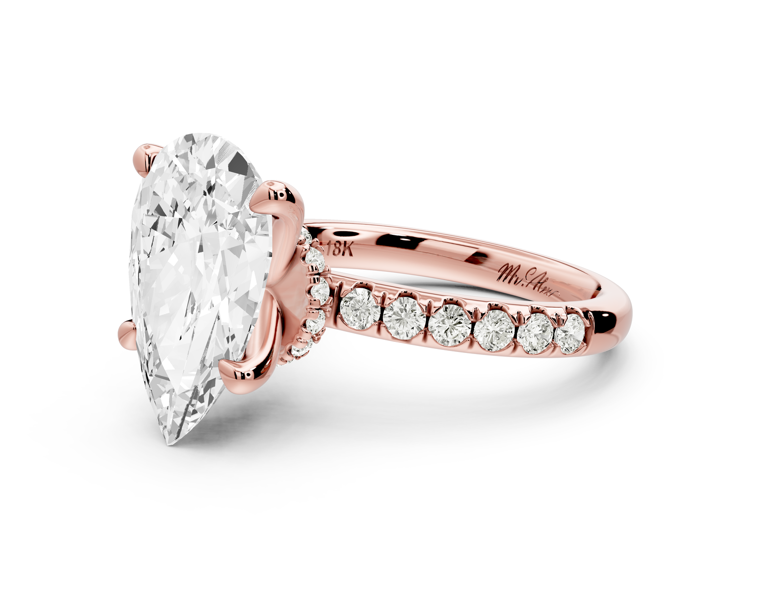 Flora - 3ct 14k rose gold pear talong prong Wrap around halo Half Band Engagement Ring