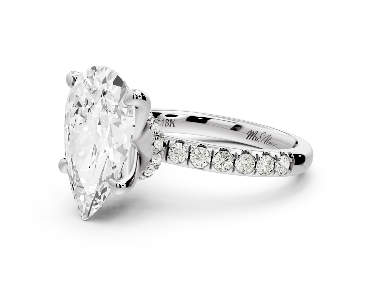 Flora - 3ct 14k white gold pear talong prong Wrap around halo Half Band Engagement Ring