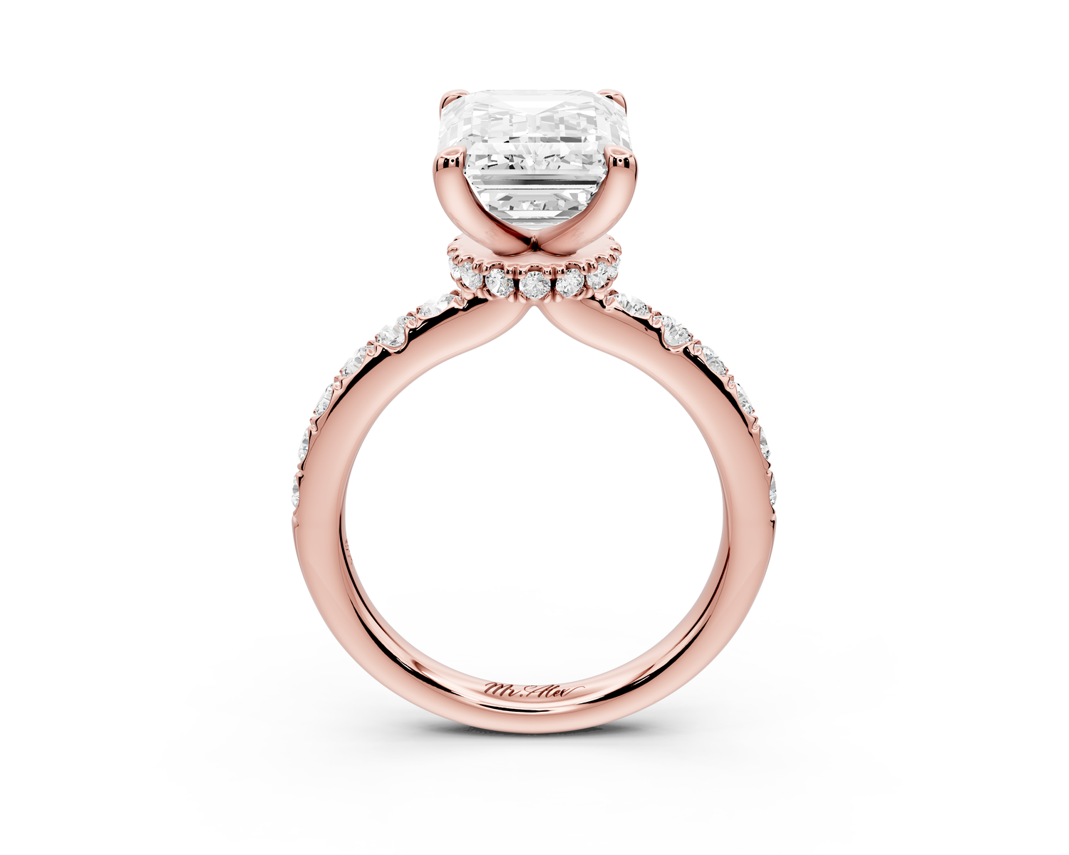 Flora - 4ct 14k rose gold emerald talong prong Wrap around halo Half Band Engagement Ring