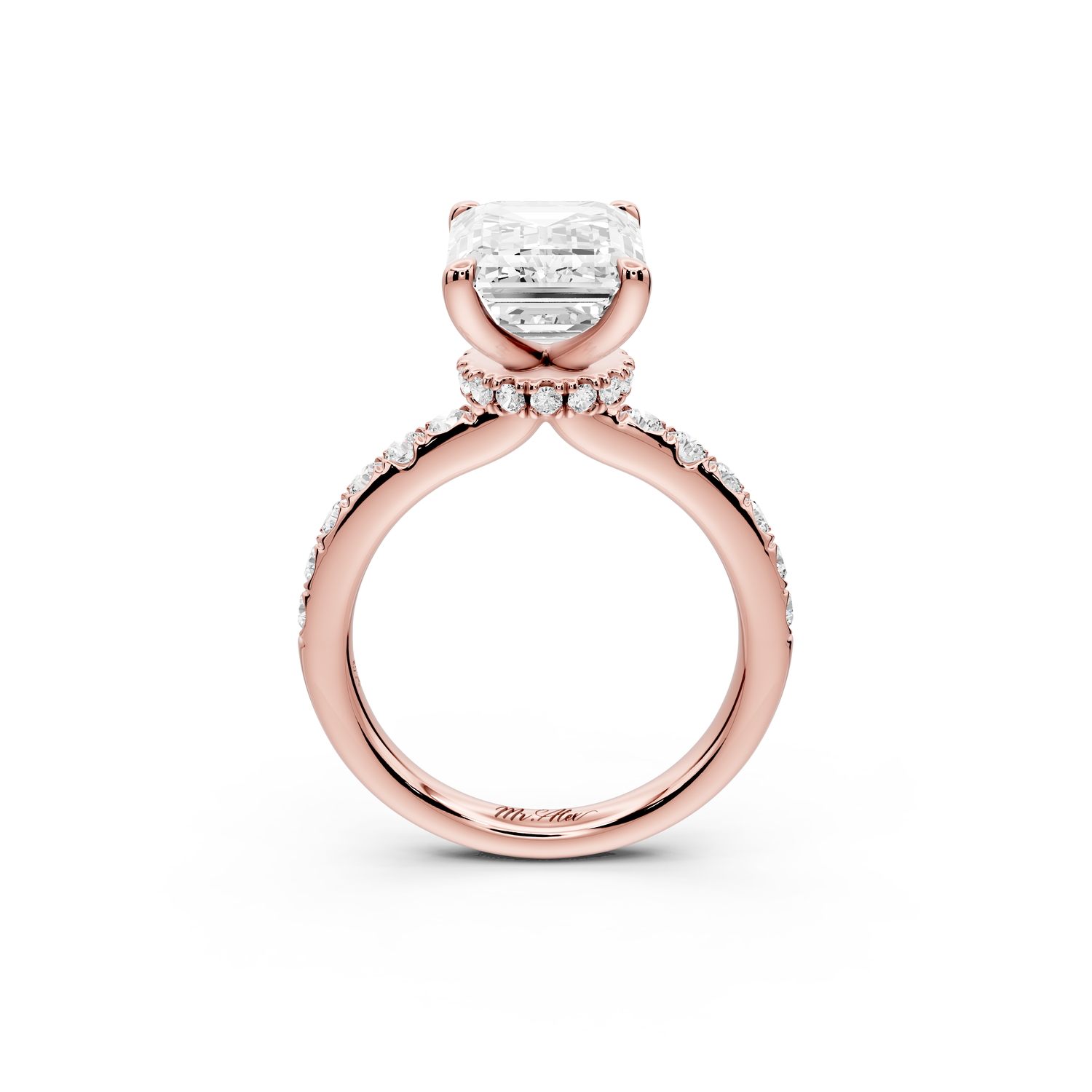 Flora - 4ct 14k rose gold emerald talong prong Wrap around halo Half Band Engagement Ring