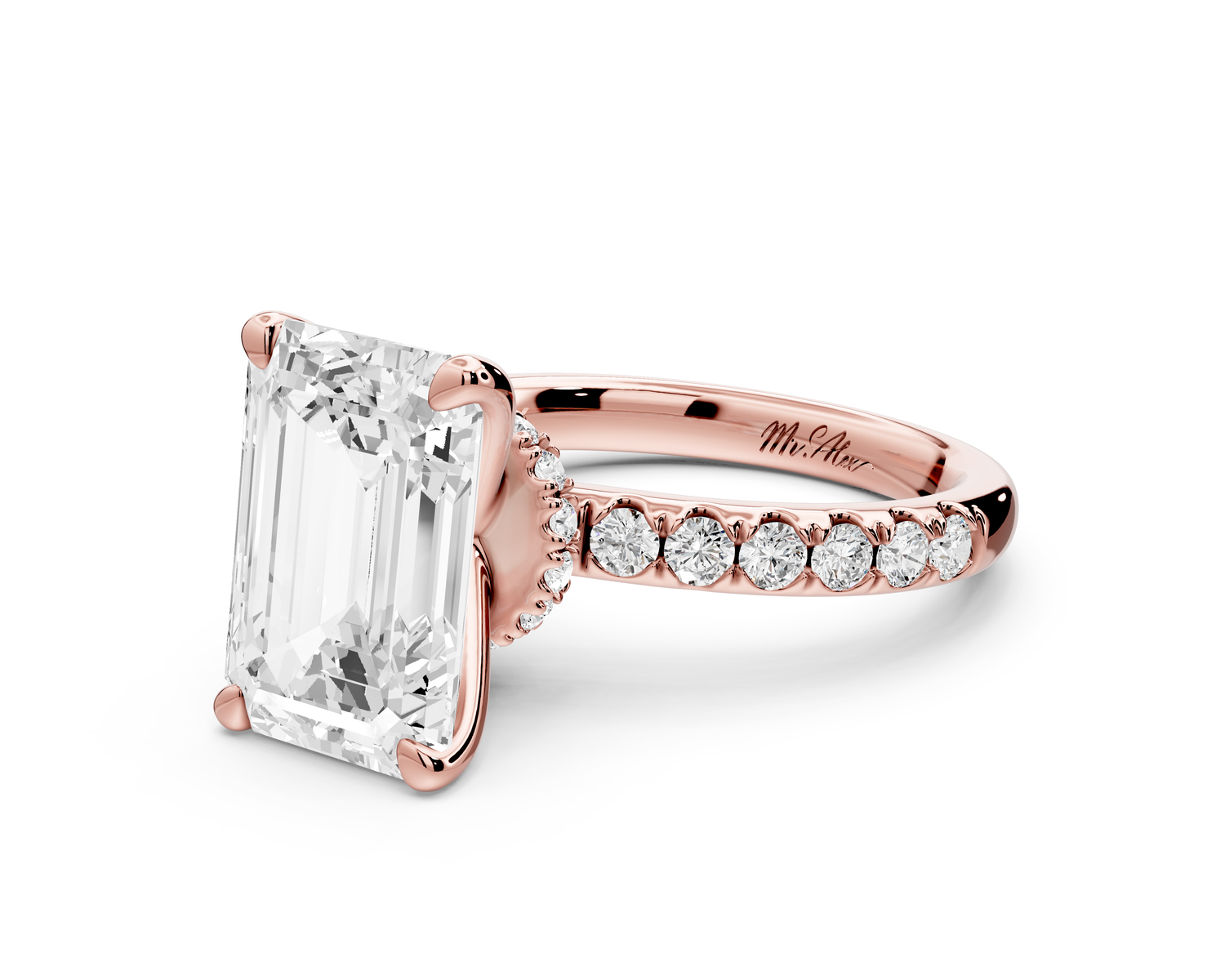Flora - 4ct 14k rose gold emerald talong prong Wrap around halo Half Band Engagement Ring