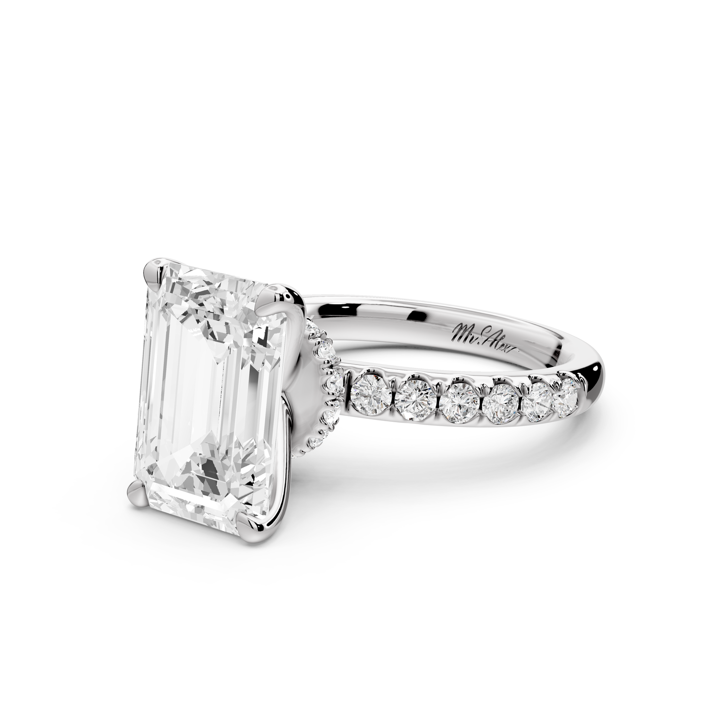 Flora - 4ct 14k white gold emerald talong prong Wrap around halo Half Band Engagement Ring