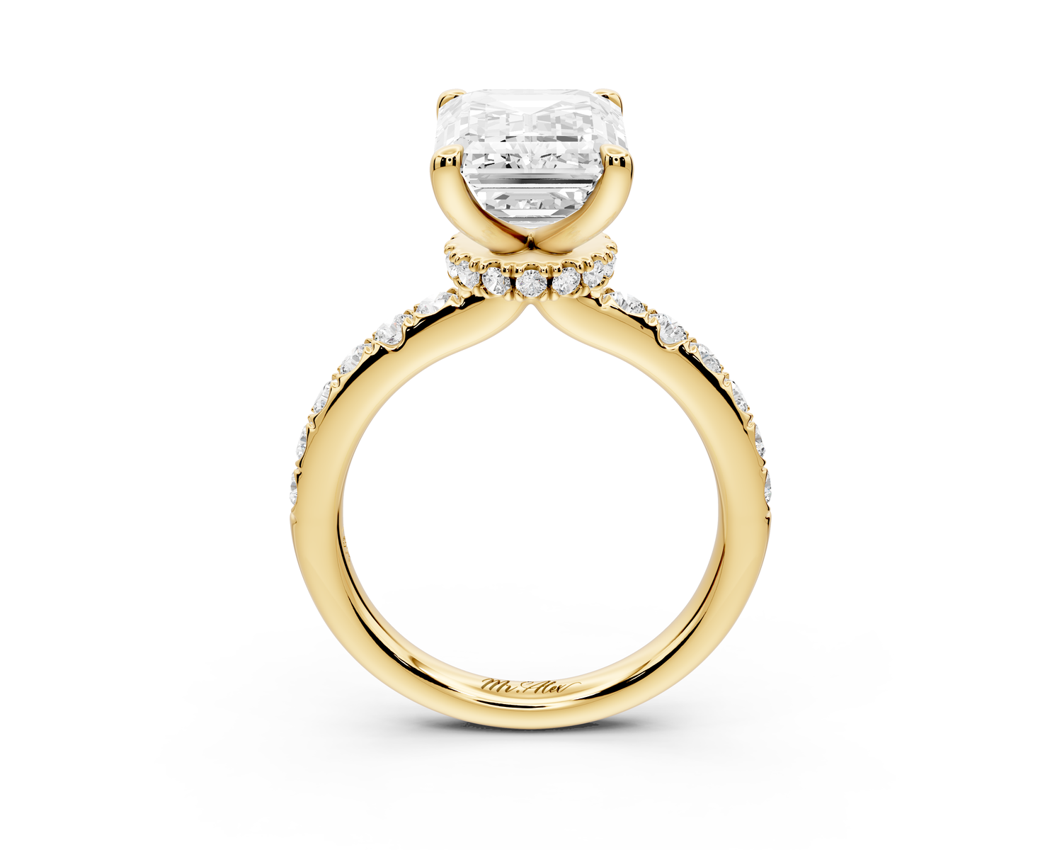 Flora - 4ct 14k yellow gold emerald talong prong Wrap around halo Half Band Engagement Ring