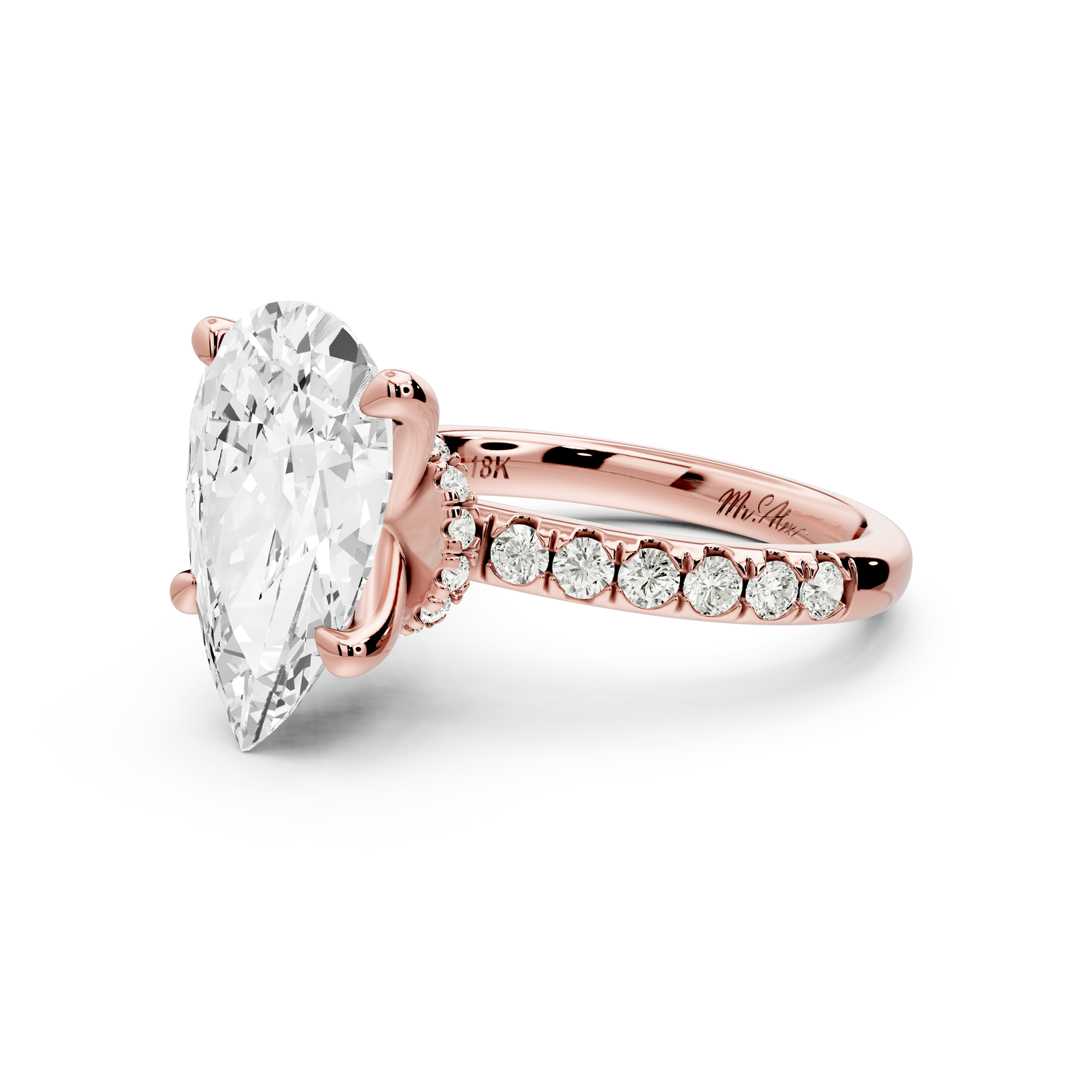 Flora - 4ct 14k rose gold pear talong prong Wrap around halo Half Band Engagement Ring