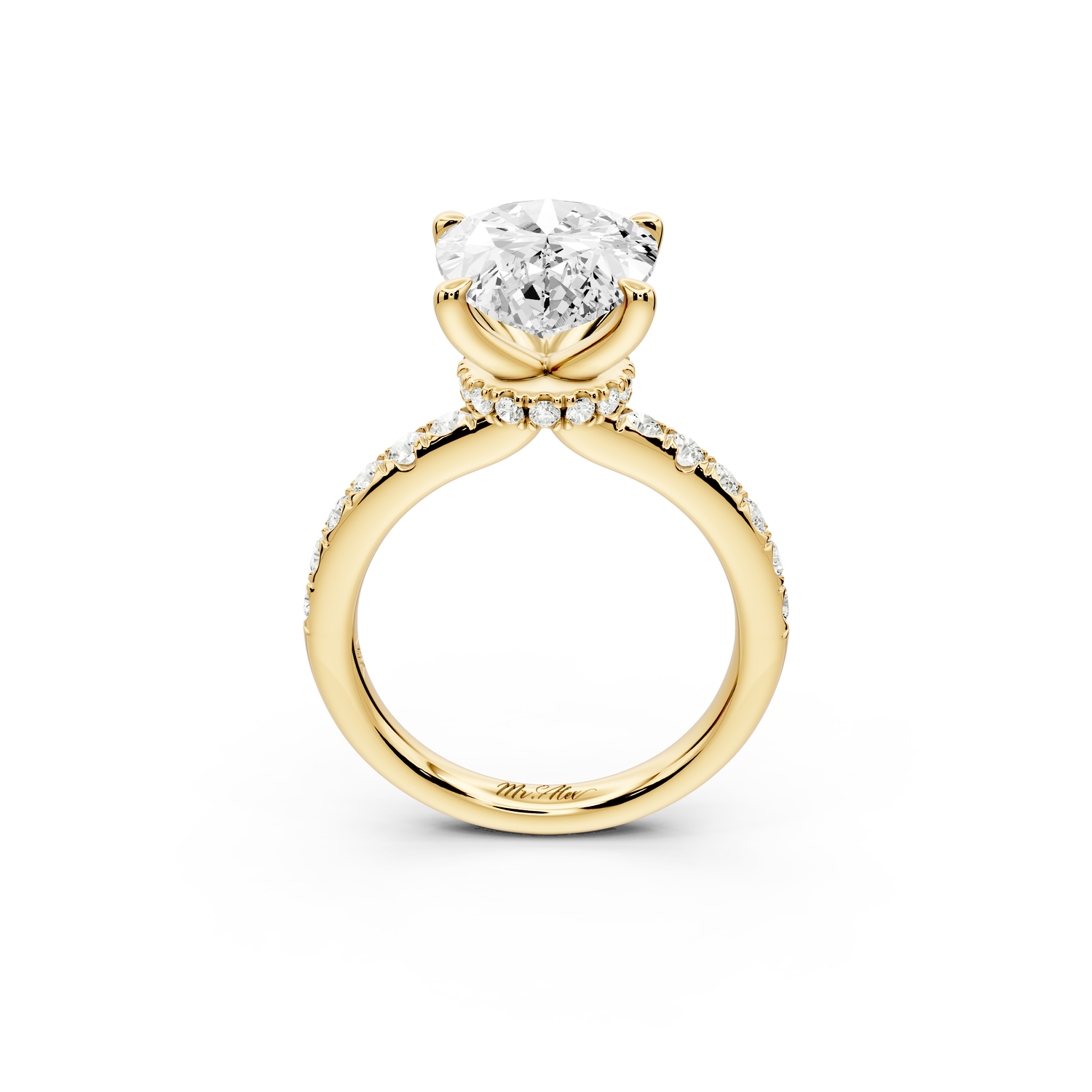 Flora - 4ct 14k yellow gold pear talong prong Wrap around halo Half Band Engagement Ring
