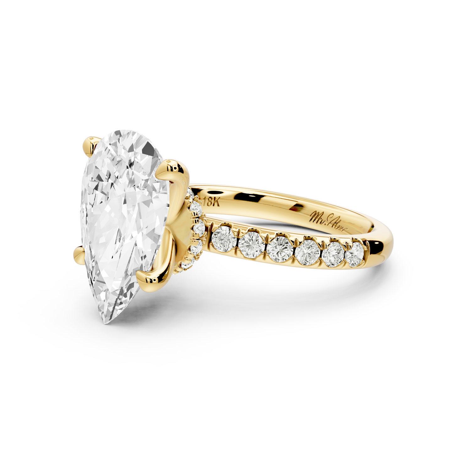 Flora - 4ct 14k yellow gold pear talong prong Wrap around halo Half Band Engagement Ring