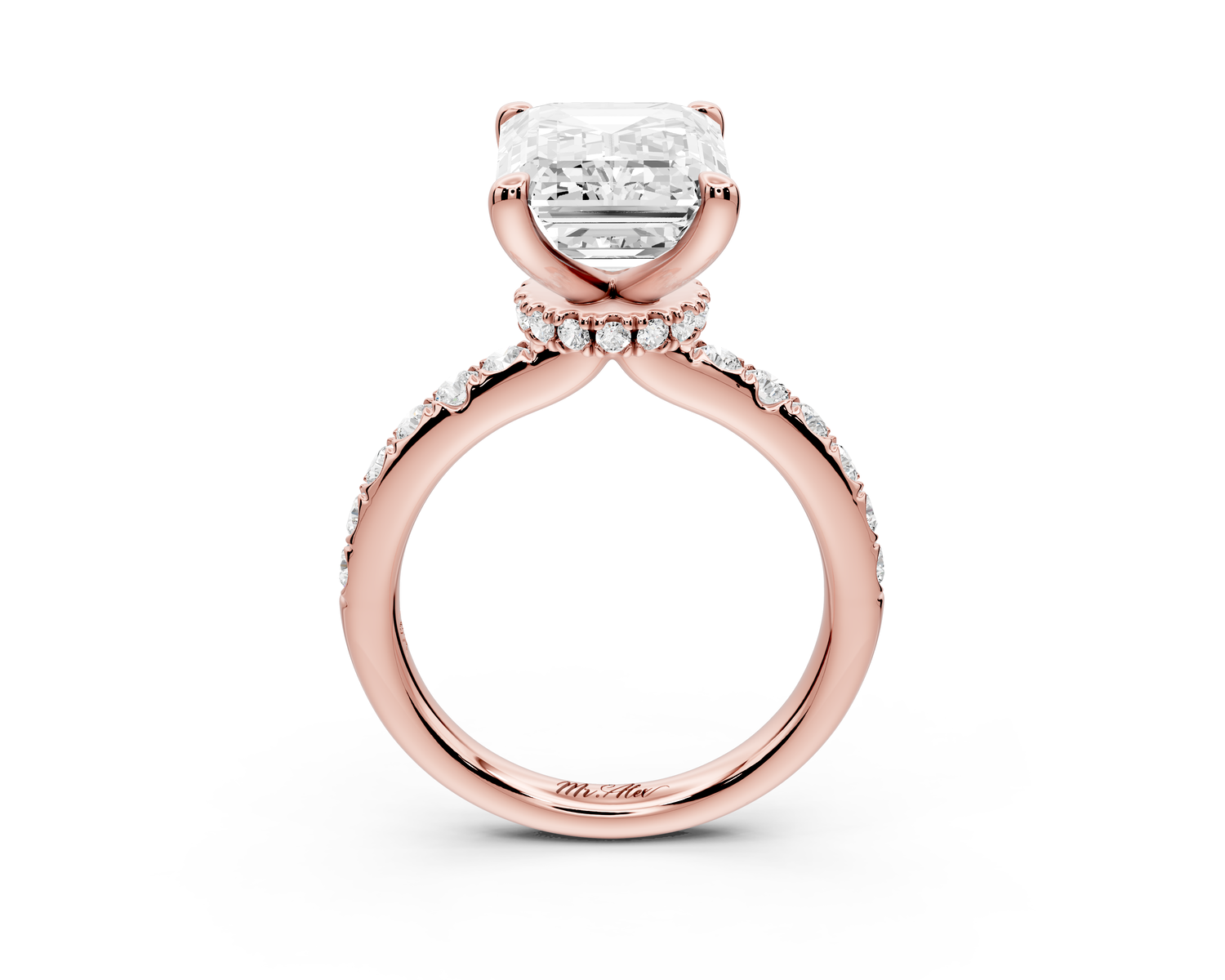 Flora - 5ct 14k rose gold emerald talong prong Wrap around halo Half Band Engagement Ring
