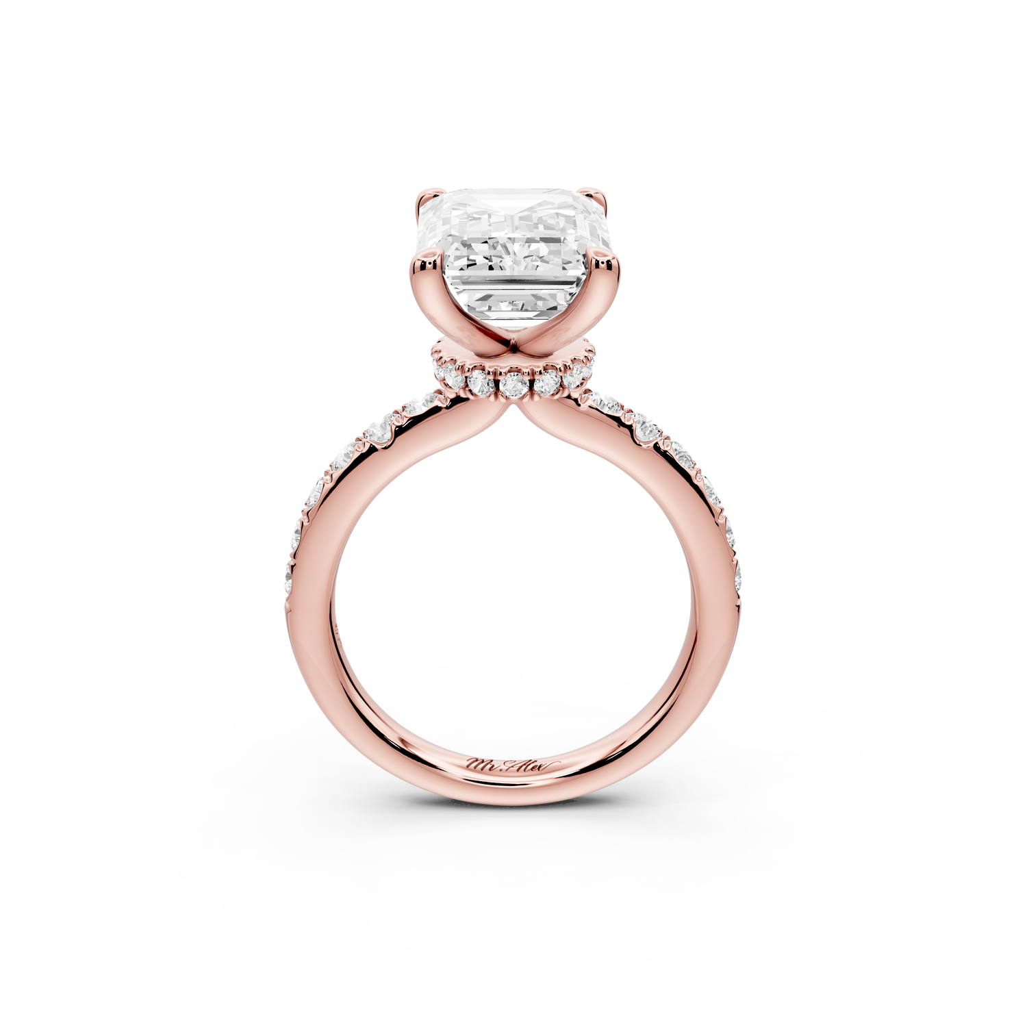 Flora - 5ct 14k rose gold emerald talong prong Wrap around halo Half Band Engagement Ring