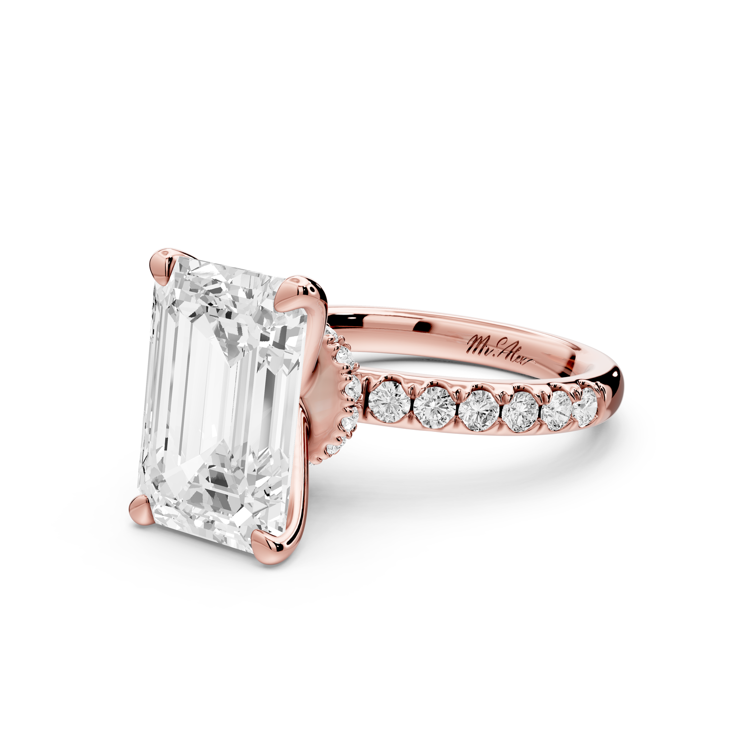 Flora - 5ct 14k rose gold emerald talong prong Wrap around halo Half Band Engagement Ring