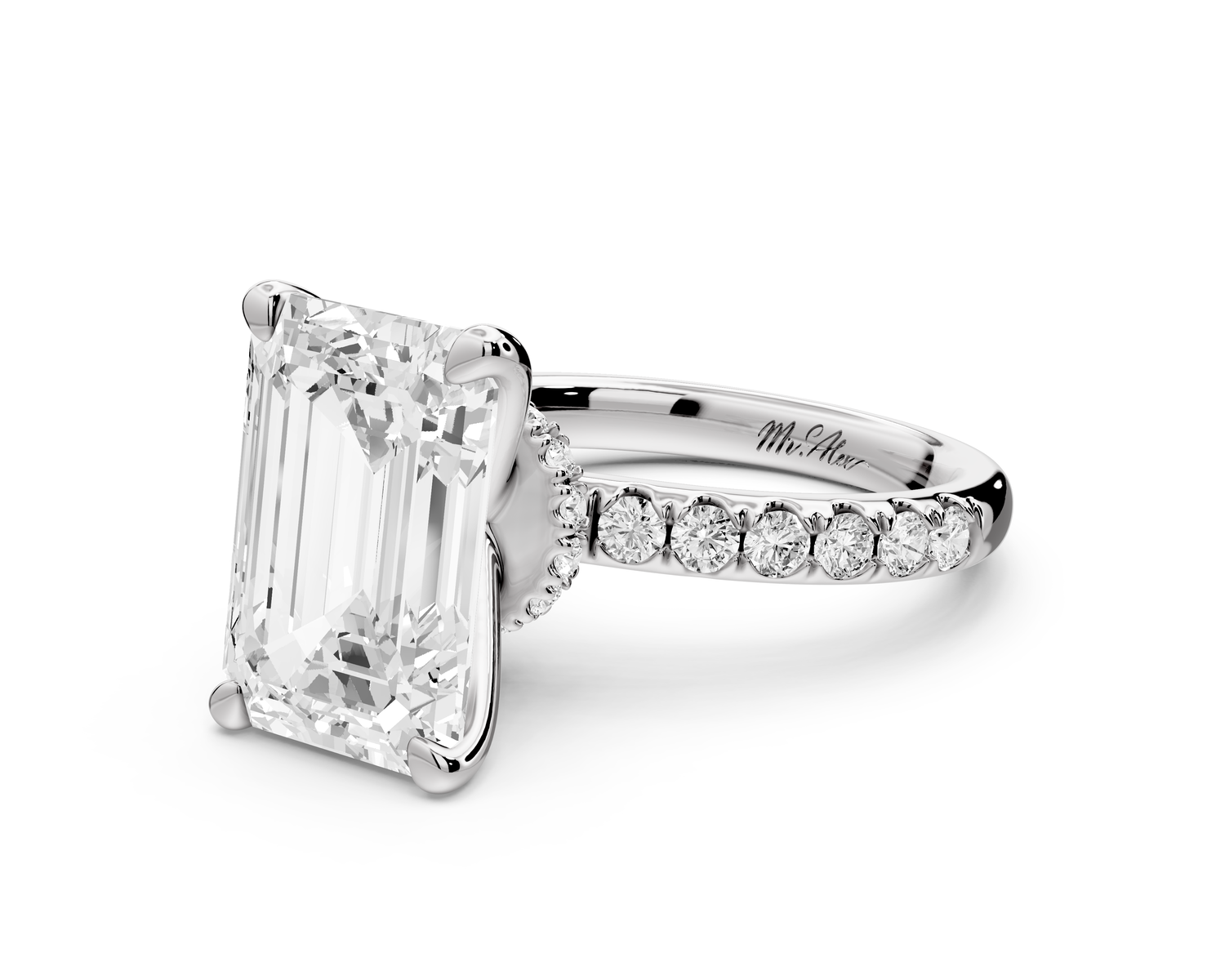Flora - 5ct 14k white gold emerald talong prong Wrap around halo Half Band Engagement Ring