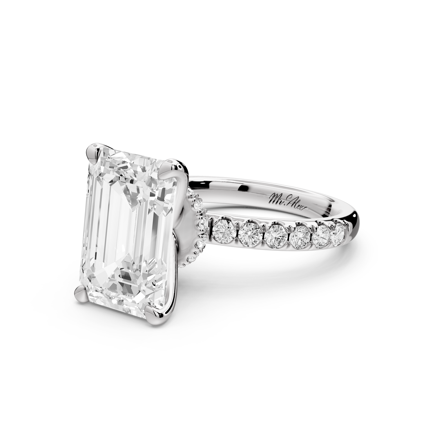 Flora - 5ct 14k white gold emerald talong prong Wrap around halo Half Band Engagement Ring