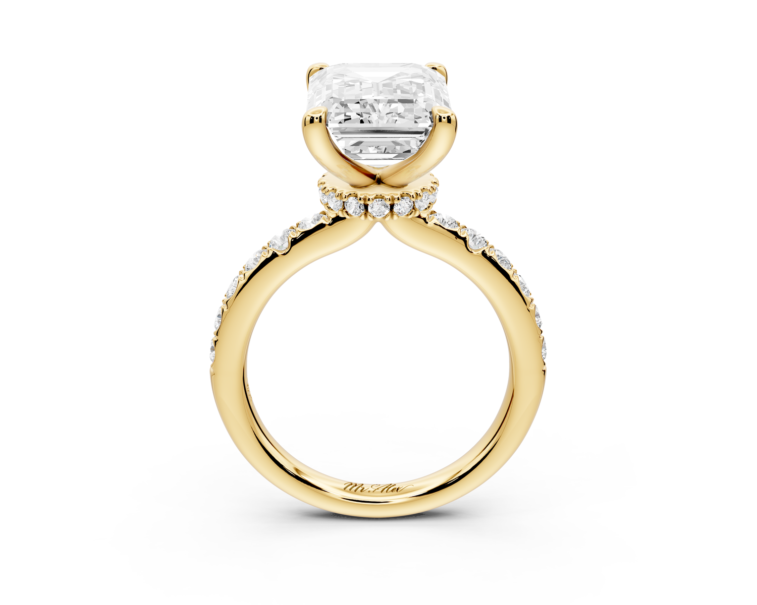 Flora - 5ct 14k yellow gold emerald talong prong Wrap around halo Half Band Engagement Ring