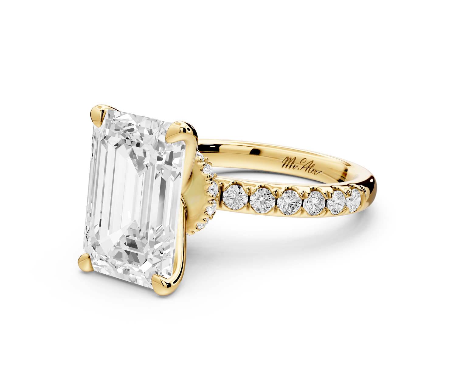 Flora - 5ct 14k yellow gold emerald talong prong Wrap around halo Half Band Engagement Ring
