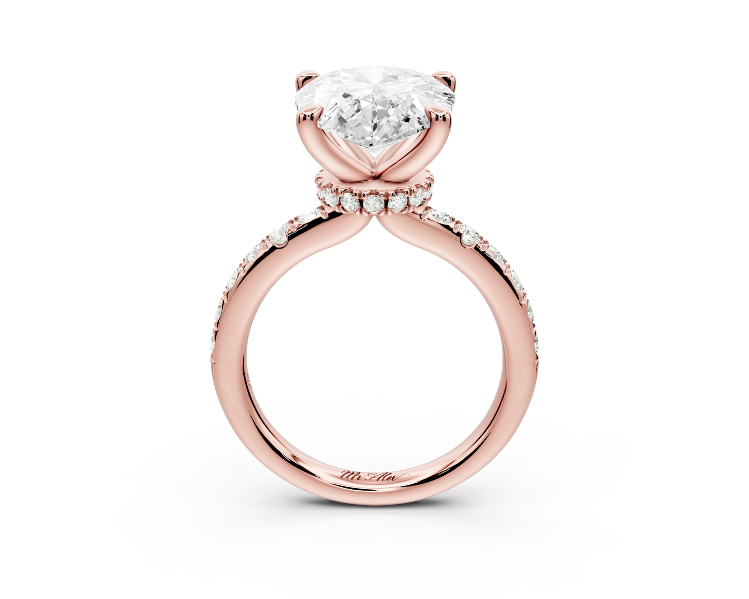 Flora - 5ct 14k rose gold pear talong prong Wrap around halo Half Band Engagement Ring