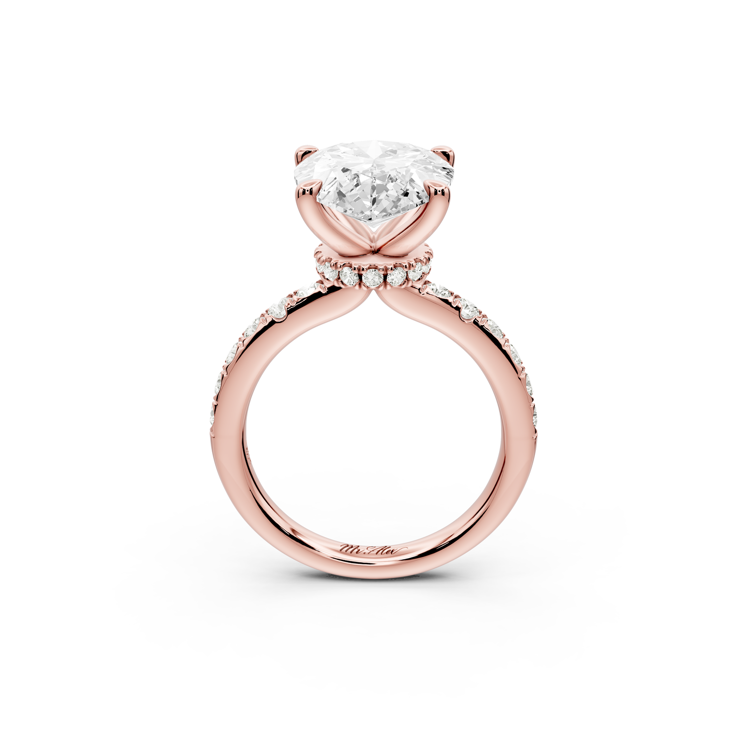 Flora - 5ct 14k rose gold pear talong prong Wrap around halo Half Band Engagement Ring